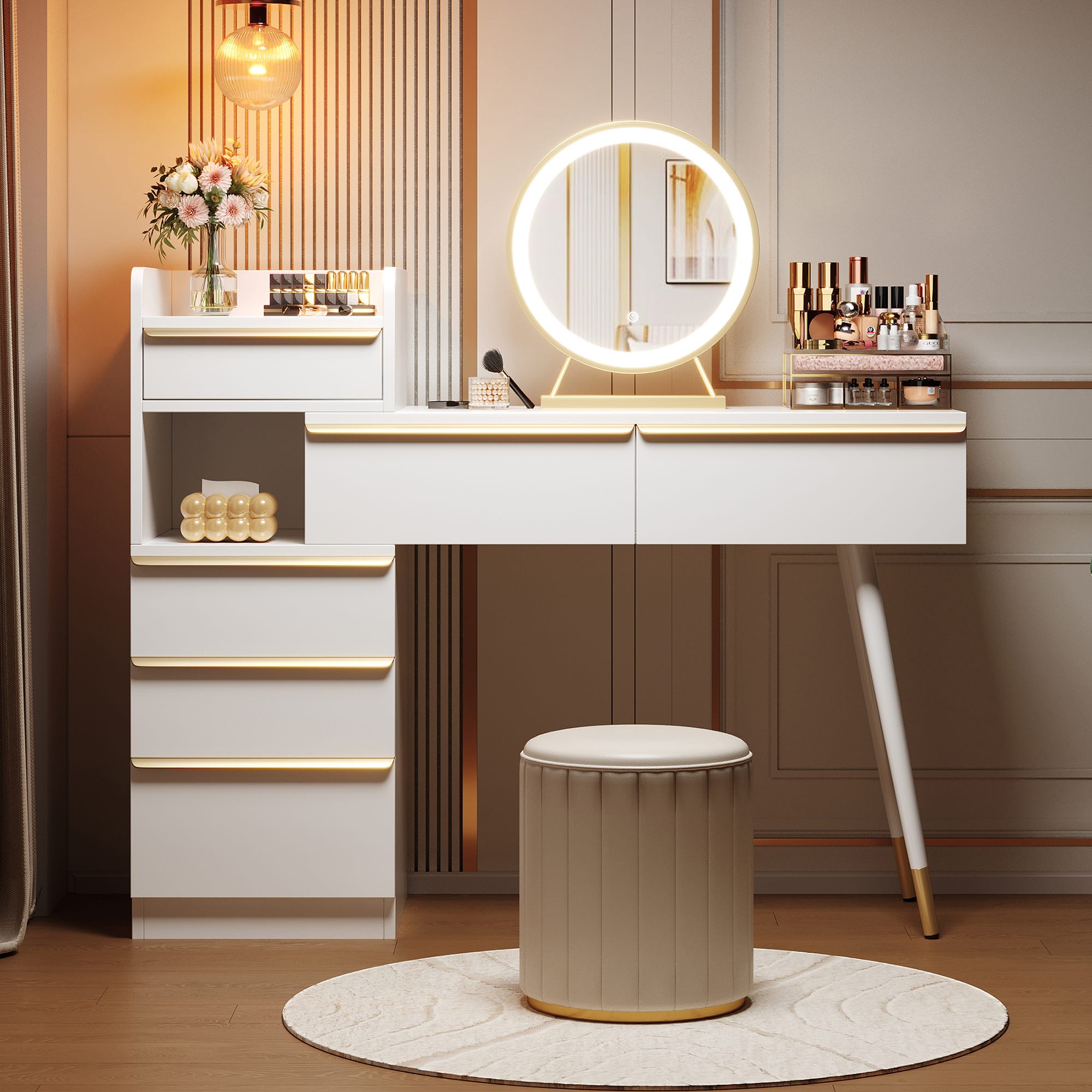 Tocador con espejo LED - 6 amplios cajones + mueble auxiliar - 100 x 41,5 x 102 cm - Tablero de partículas - Blanco