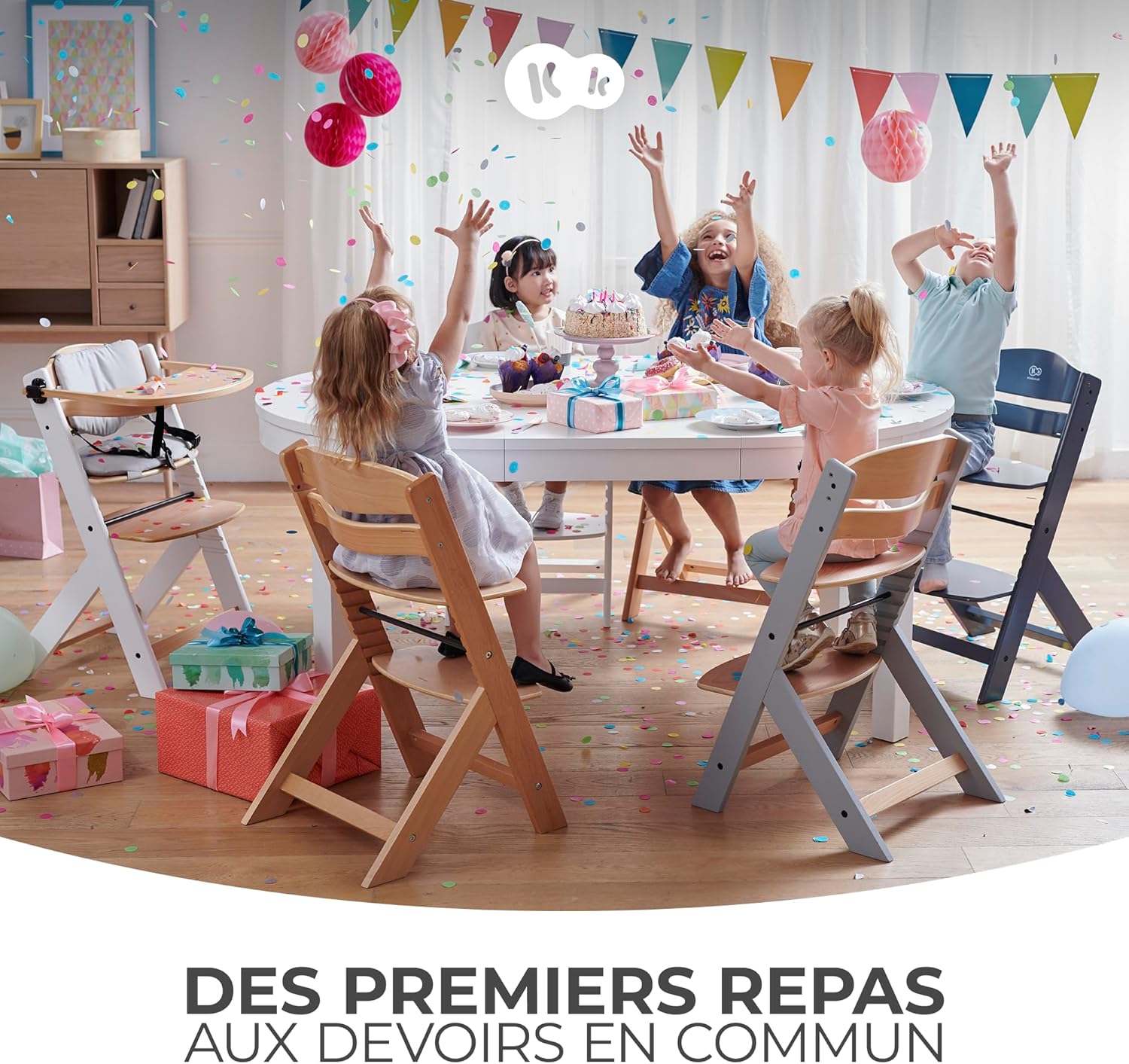 Kinderkraft ENOCK Trona bebé de Madera + Hamaca Bebé CALMEE, portatil, para niños, Silla alta Infantil, Evolutiva, Ergonómica, Barrera y Bandeja, Gris