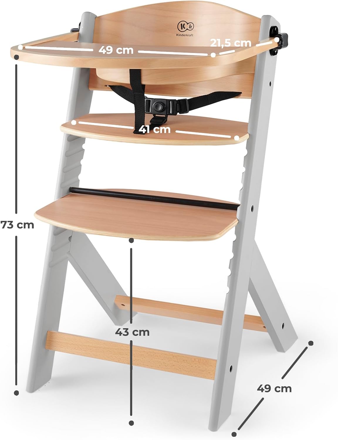 Kinderkraft ENOCK Trona bebé de Madera + Hamaca Bebé CALMEE, portatil, para niños, Silla alta Infantil, Evolutiva, Ergonómica, Barrera y Bandeja, Gris