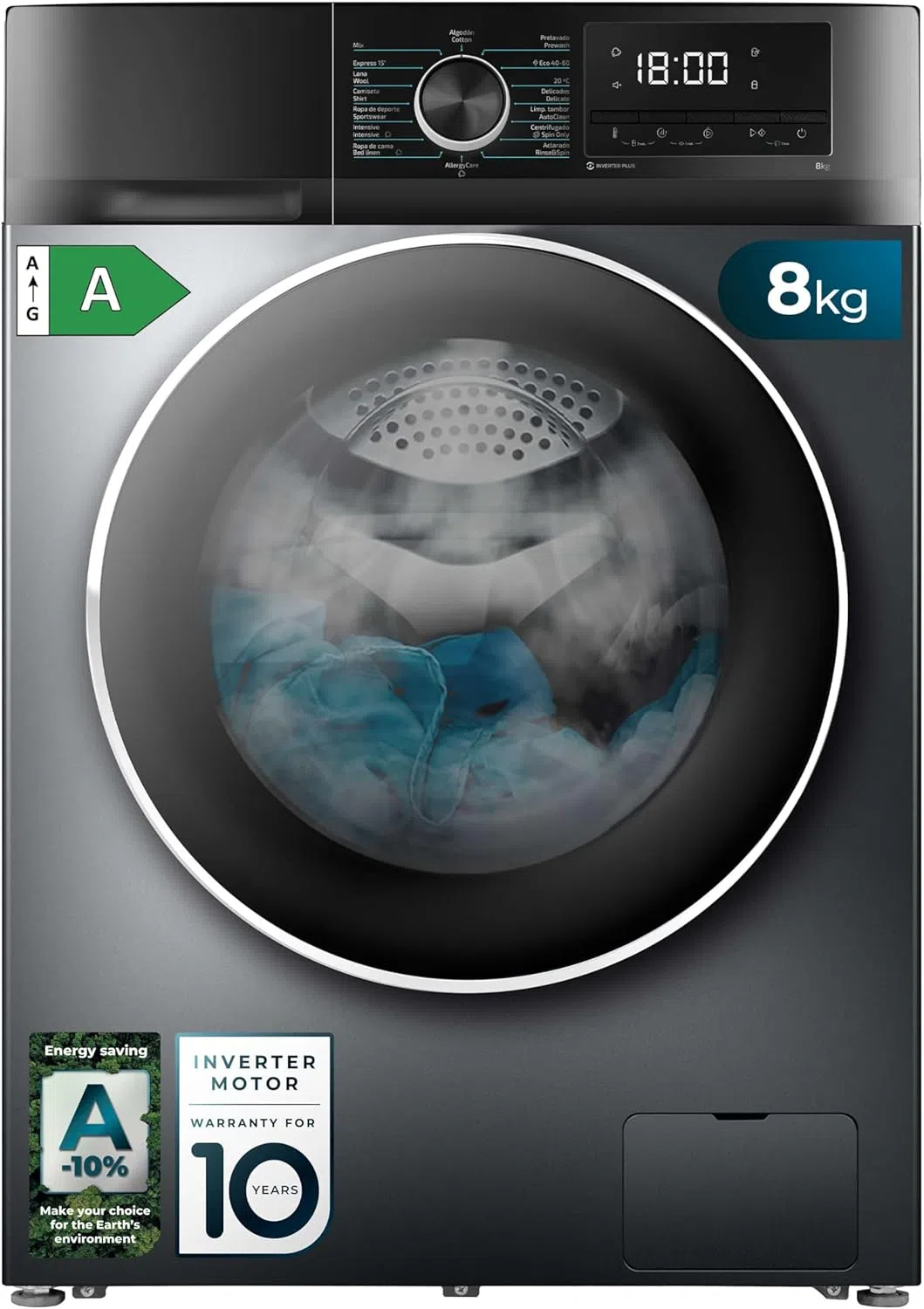 Lavadora 8Kg Carga Frontal Bolero Dresscode 8500 Inverter Steel A. 1900W, 1400 rpm, Motor Inverter Plus, Bajo Consumo, 16 Programas, SteamMax, Delay Start, Acero