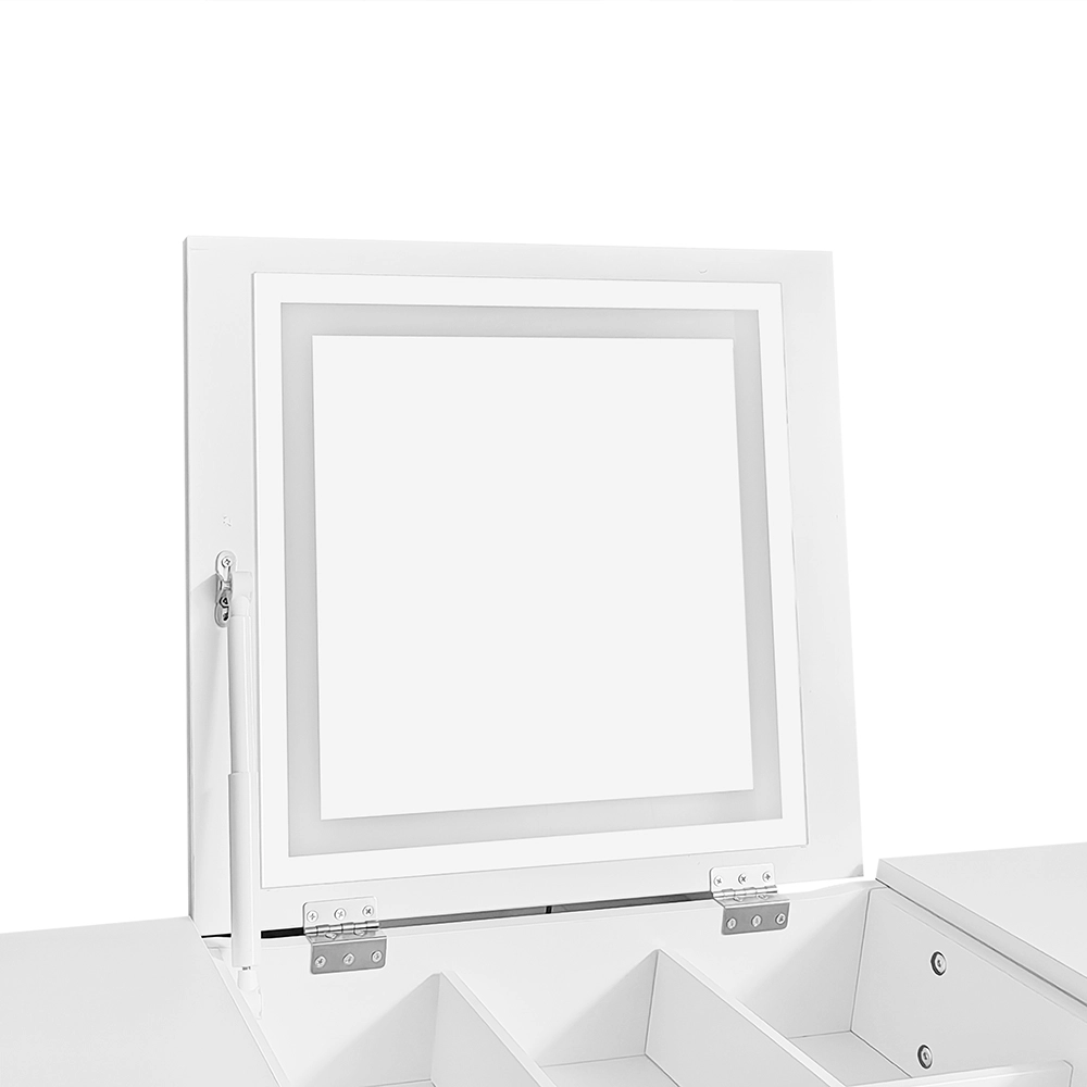 Cómoda blanca (sin silla), espejo LED de brillo ajustable, accesorios dorados de lujo, con 4 cajones