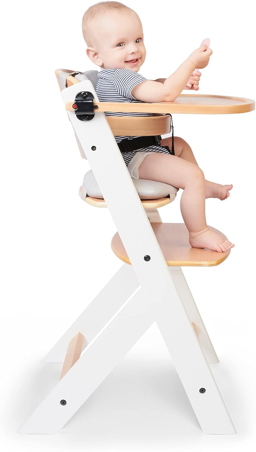 Kinderkraft ENOCK Trona bebé de Madera + Hamaca Bebé CALMEE, portatil, para niños, Silla alta Infantil, Evolutiva, Ergonómica, Barrera y Bandeja, Gris