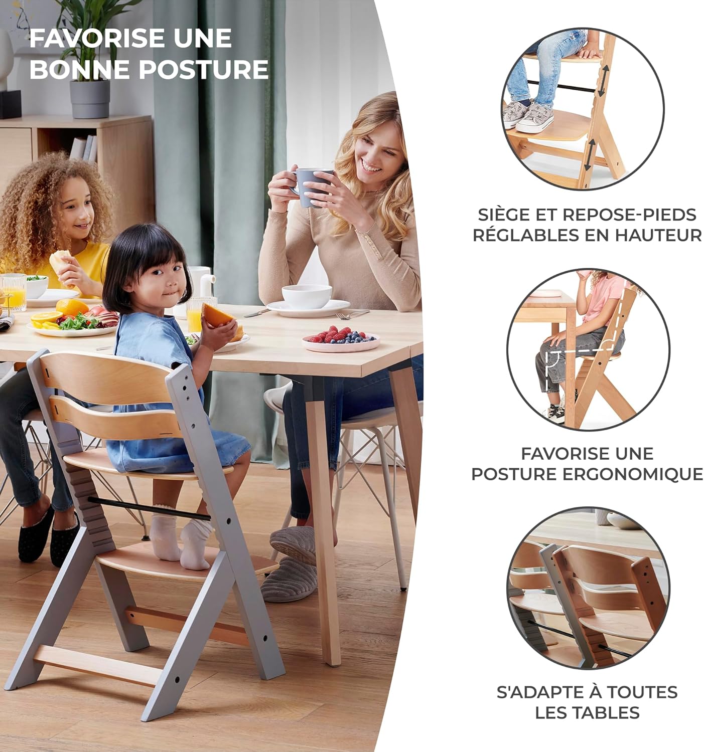 Kinderkraft ENOCK Trona bebé de Madera + Hamaca Bebé CALMEE, portatil, para niños, Silla alta Infantil, Evolutiva, Ergonómica, Barrera y Bandeja, Gris