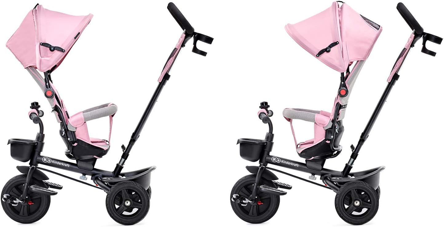 Kinderkraft AVEO Triciclo Bebé, Plegable, Trike, Bicicleta para Niños, Triciclo Evolutivo, Triciclo Sin Pedales, Bicicleta Bebe, Con Accesorios Práctico, Dos Cestas, 9 Meses a 25 kg, Rosa