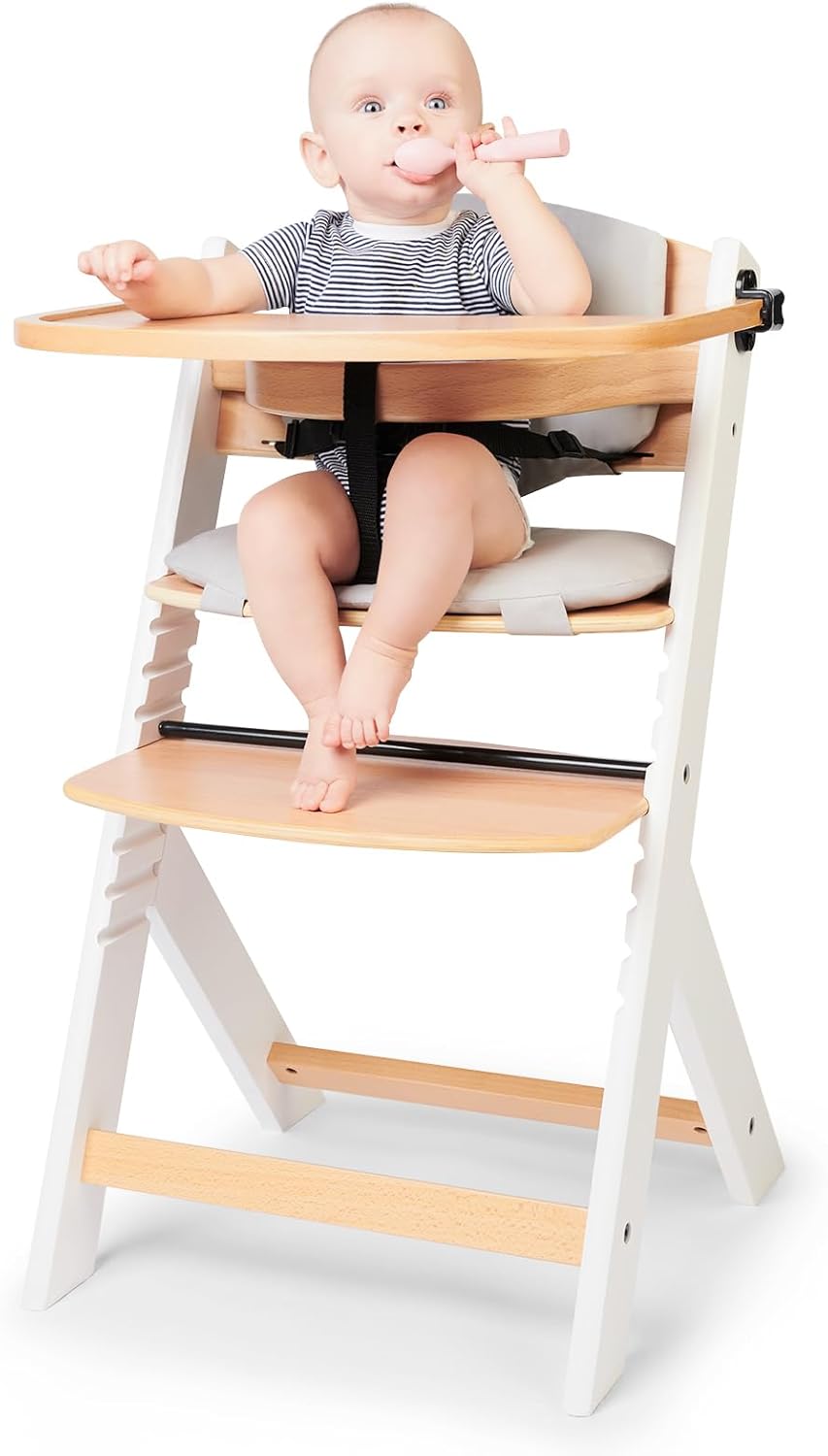 Kinderkraft ENOCK Trona bebé de Madera + Hamaca Bebé CALMEE, portatil, para niños, Silla alta Infantil, Evolutiva, Ergonómica, Barrera y Bandeja, Gris