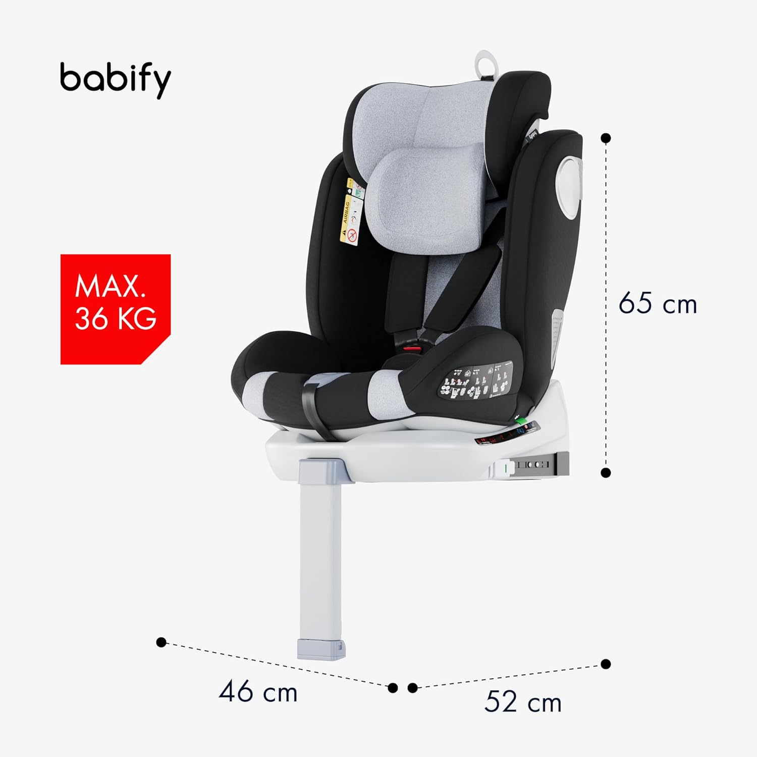 Babify Onboard Silla de Coche Isofix para Bebés y Niños, 0 Meses - 12 Años, Apta Desde 40-150 cm, Ajustable 360º, Asiento Portátil y Seguro i-Size ECE R129 - Black edition