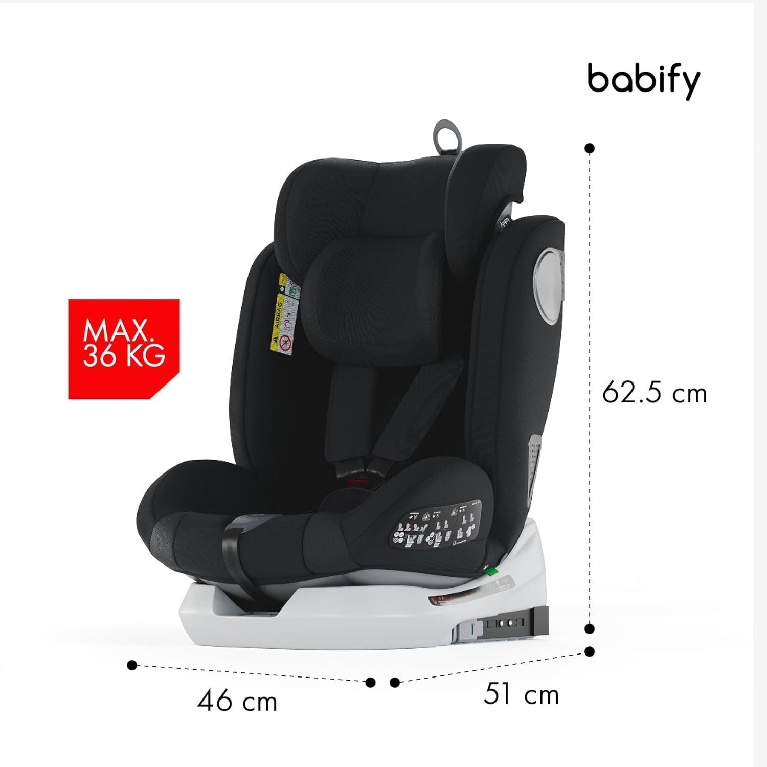 Babify Onboard Silla de Coche Isofix para Bebés y Niños, 0 Meses - 12 Años, Apta Desde 40-150 cm, Ajustable 360º, Asiento Portátil y Seguro i-Size ECE R129 - Black edition