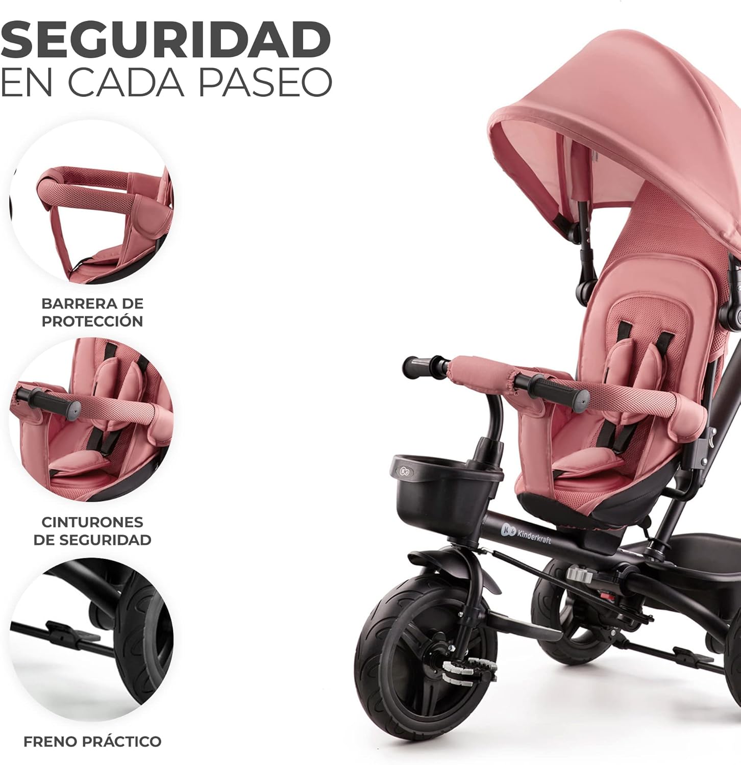 Kinderkraft AVEO Triciclo Bebé, Plegable, Trike, Bicicleta para Niños, Triciclo Evolutivo, Triciclo Sin Pedales, Bicicleta Bebe, Con Accesorios Práctico, Dos Cestas, 9 Meses a 25 kg, Rosa