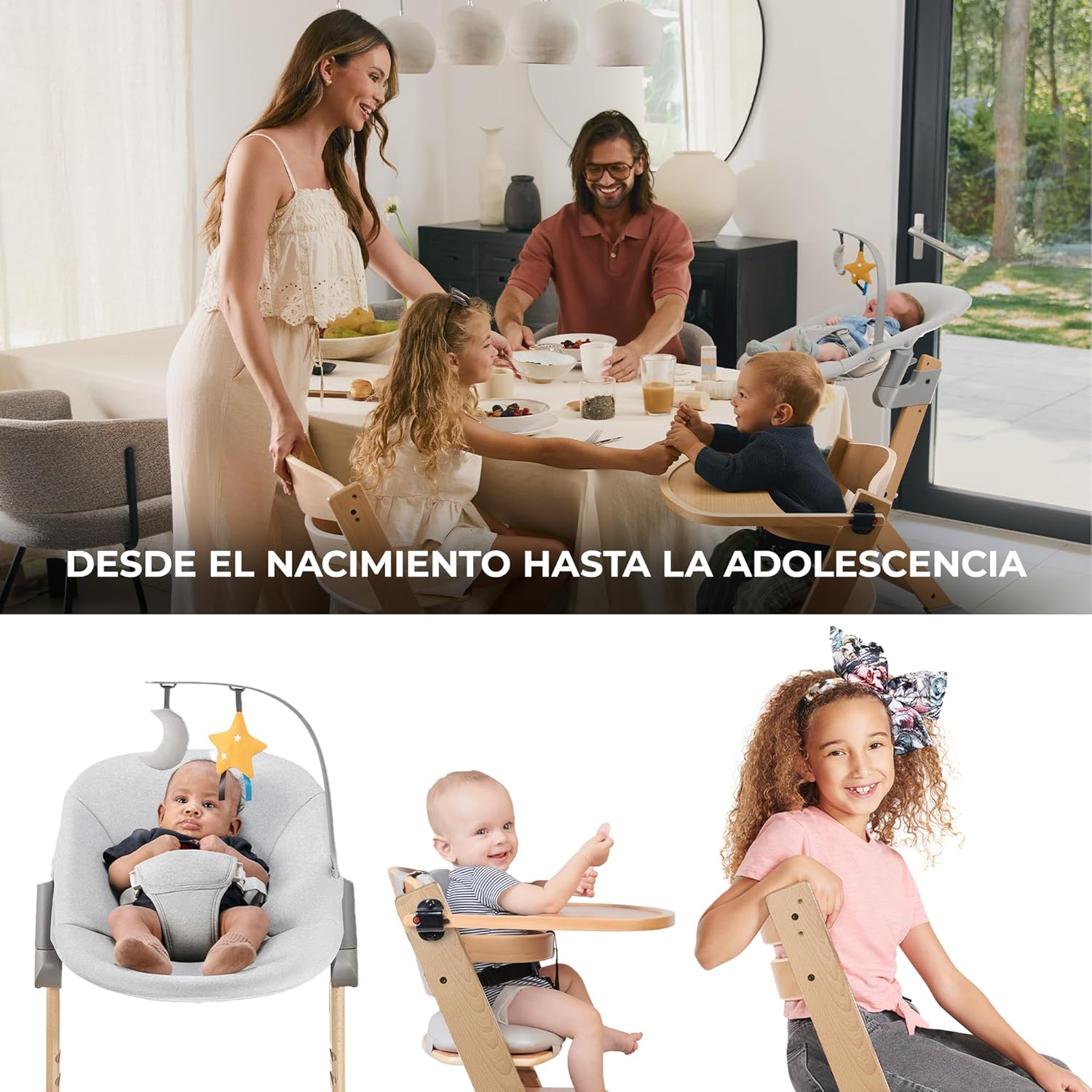 Kinderkraft ENOCK Trona bebé de Madera + Hamaca Bebé CALMEE, portatil, para niños, Silla alta Infantil, Evolutiva, Ergonómica, Barrera y Bandeja, Gris
