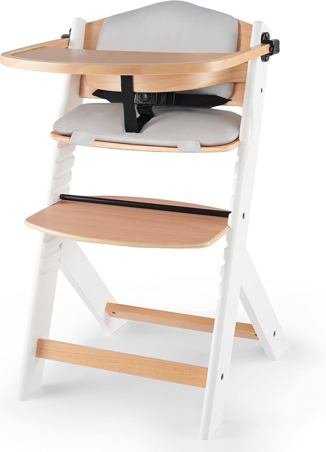 Kinderkraft ENOCK Trona bebé de Madera + Hamaca Bebé CALMEE, portatil, para niños, Silla alta Infantil, Evolutiva, Ergonómica, Barrera y Bandeja, Gris