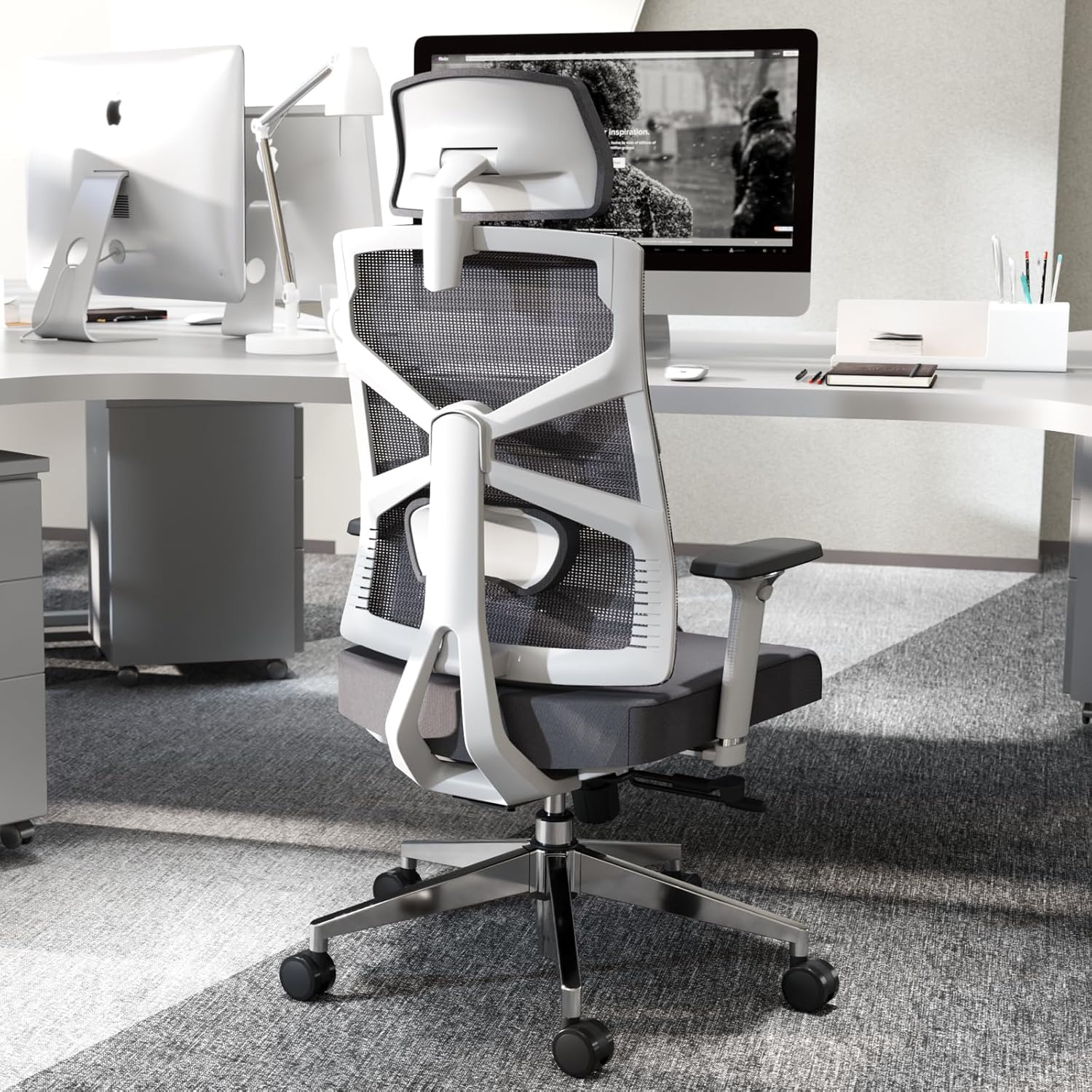 Silla de Oficina Ergonómica con Respaldo Adaptativo, Mesa y Silla de Escritorio de Alto Respaldo con Reposabrazos 4D, Profundidad de Asiento Ajustable, Soporte Lumbar y Reposacabezas 2D