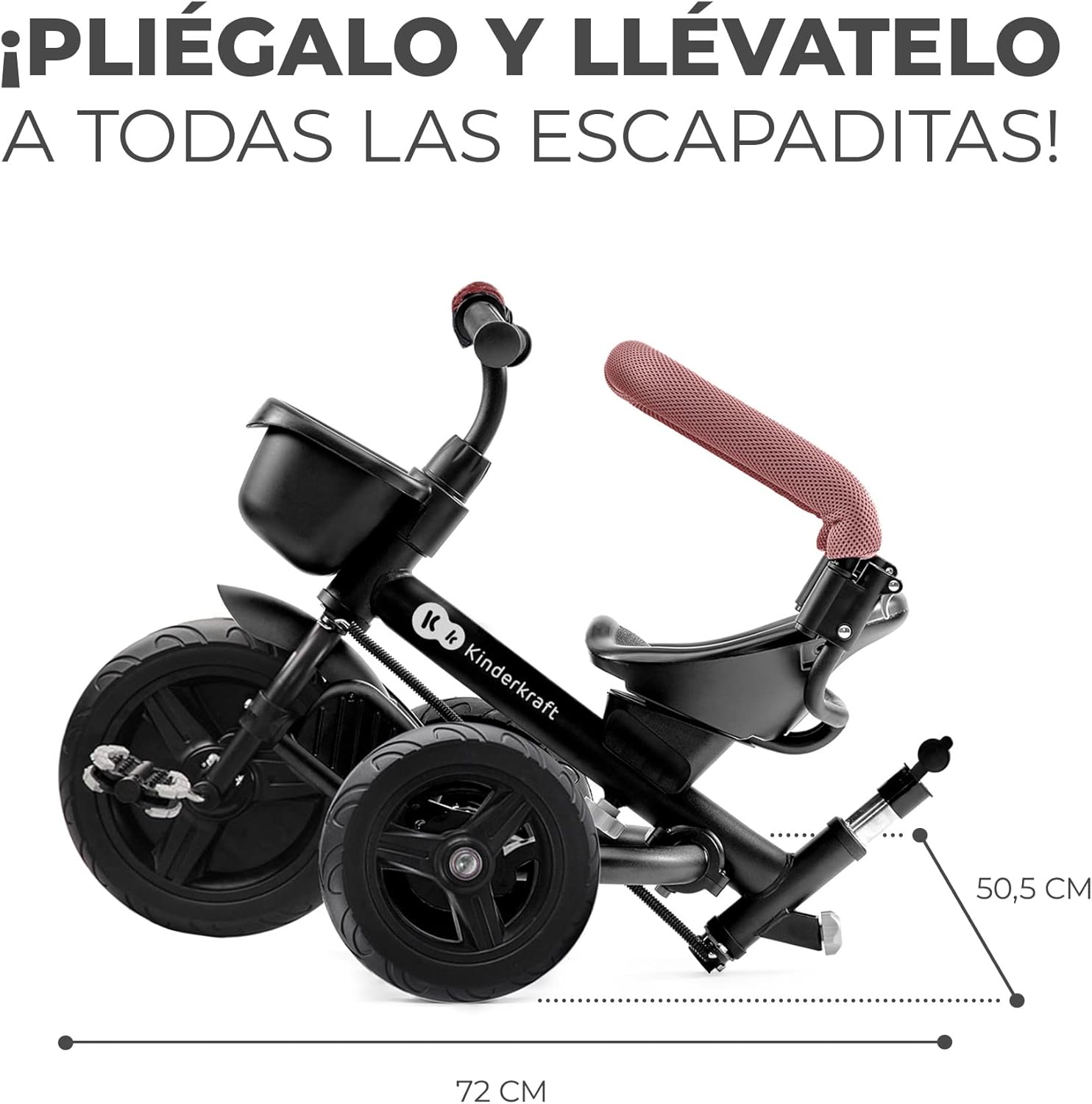 Kinderkraft AVEO Triciclo Bebé, Plegable, Trike, Bicicleta para Niños, Triciclo Evolutivo, Triciclo Sin Pedales, Bicicleta Bebe, Con Accesorios Práctico, Dos Cestas, 9 Meses a 25 kg, Rosa