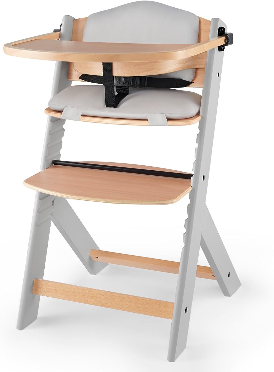 Kinderkraft ENOCK Trona bebé de Madera + Hamaca Bebé CALMEE, portatil, para niños, Silla alta Infantil, Evolutiva, Ergonómica, Barrera y Bandeja, Gris