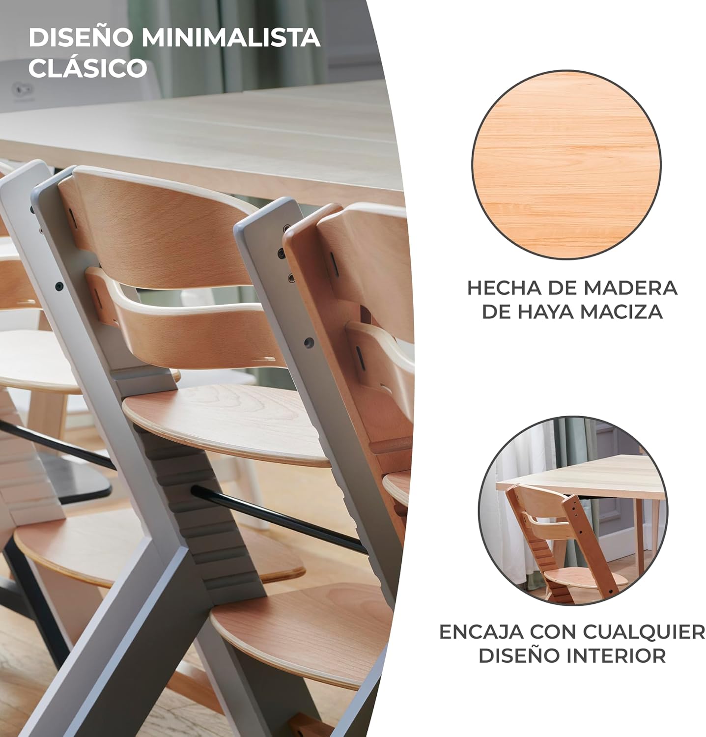 Kinderkraft ENOCK Trona bebé de Madera + Hamaca Bebé CALMEE, portatil, para niños, Silla alta Infantil, Evolutiva, Ergonómica, Barrera y Bandeja, Gris