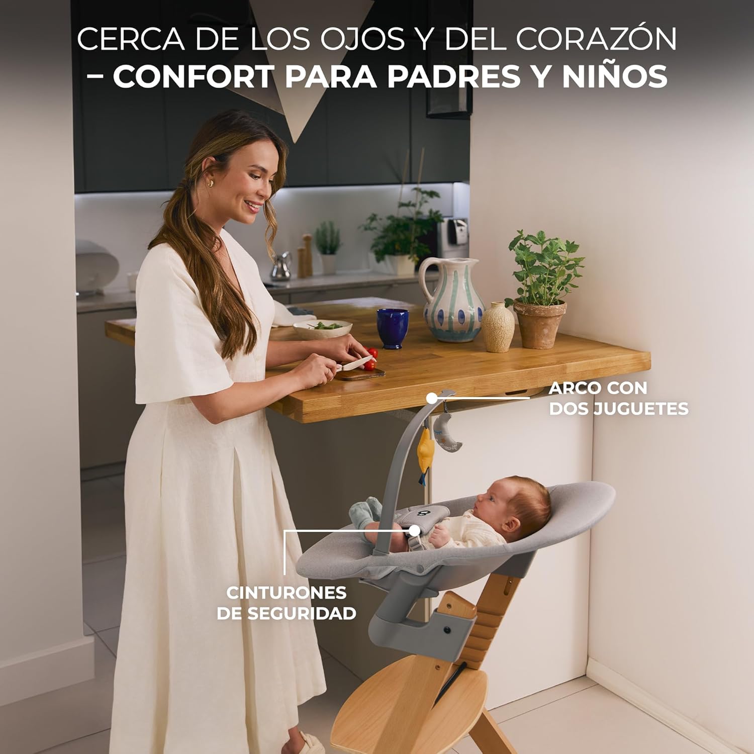 Kinderkraft ENOCK Trona bebé de Madera + Hamaca Bebé CALMEE, portatil, para niños, Silla alta Infantil, Evolutiva, Ergonómica, Barrera y Bandeja, Gris