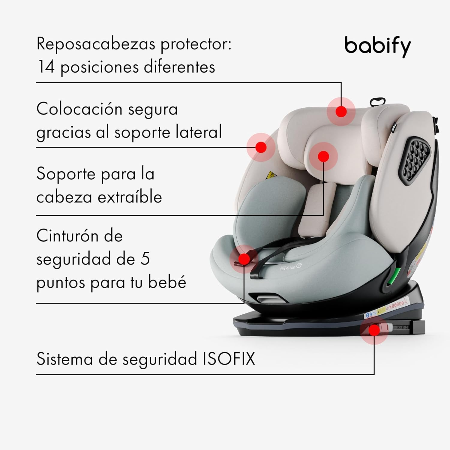 Babify Onboard Silla de Coche Isofix para Bebés y Niños, 0 Meses - 12 Años, Apta Desde 40-150 cm, Ajustable 360º, Asiento Portátil y Seguro i-Size ECE R129 - Black edition