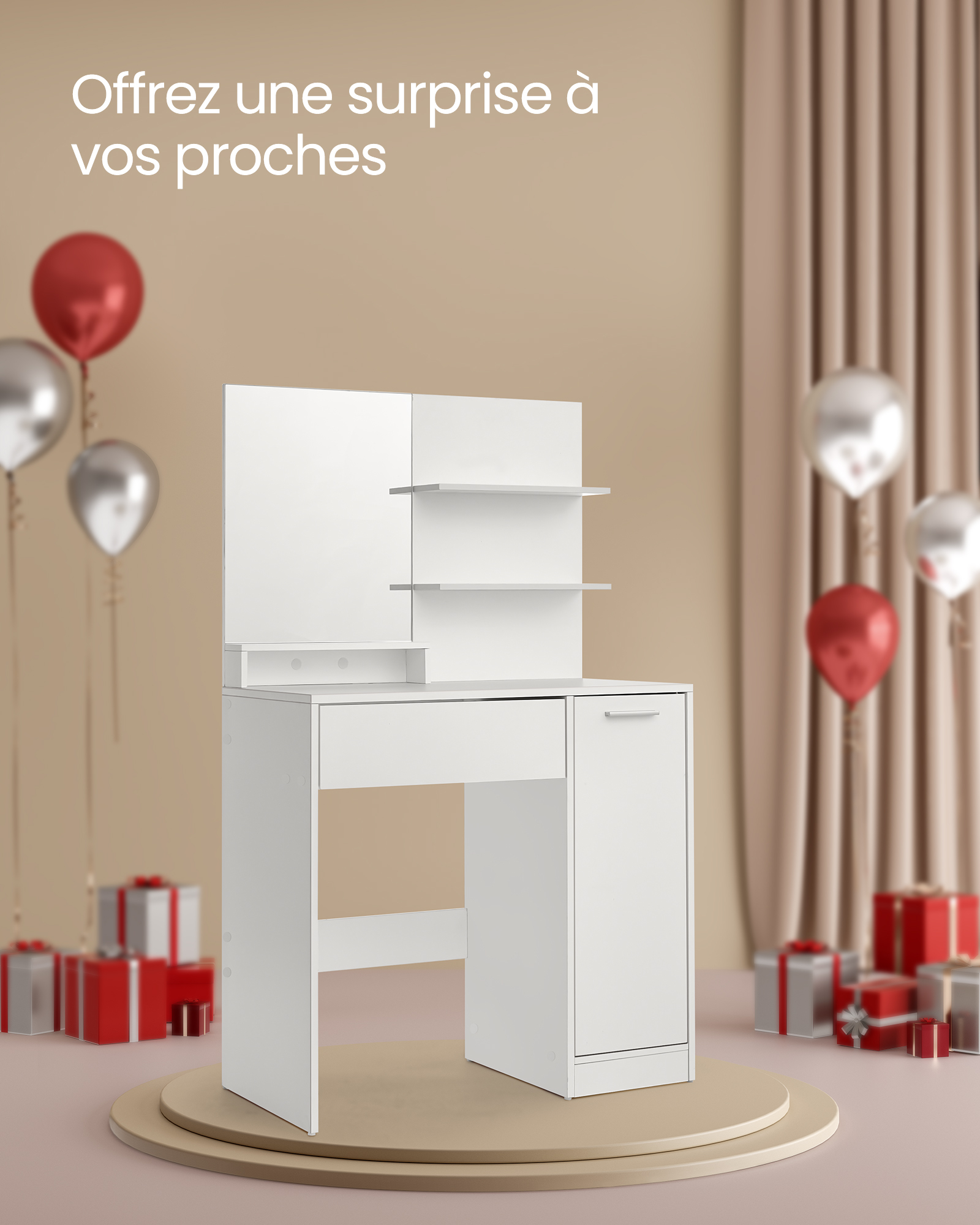 Tocador blanco moderno con espejo grande, organizador integrado y estantes ajustables, funcional y elegante