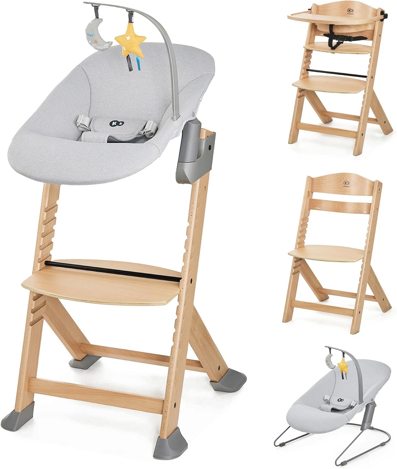 Kinderkraft ENOCK Trona bebé de Madera + Hamaca Bebé CALMEE, portatil, para niños, Silla alta Infantil, Evolutiva, Ergonómica, Barrera y Bandeja, Gris