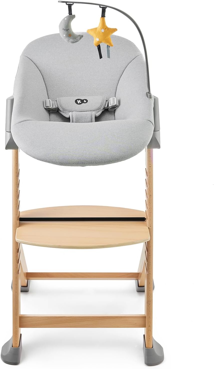 Kinderkraft ENOCK Trona bebé de Madera + Hamaca Bebé CALMEE, portatil, para niños, Silla alta Infantil, Evolutiva, Ergonómica, Barrera y Bandeja, Gris