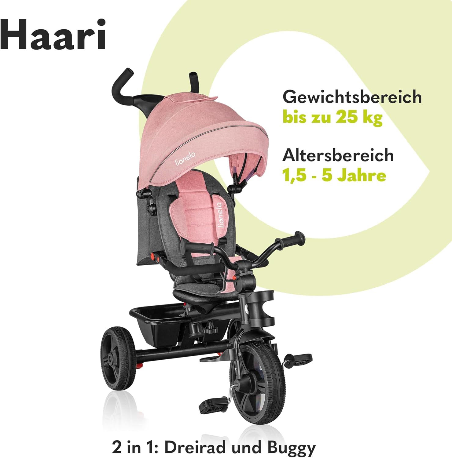 LIONELO Haari Bicicleta 2 en 1 Menores hasta 25 kg 1,5-5 años Triciclo- Carrito Cesta espaciosa, Bolsa y portavasos Cinturones de 3 Puntos con Fundas Toldo Reposapiés Gris