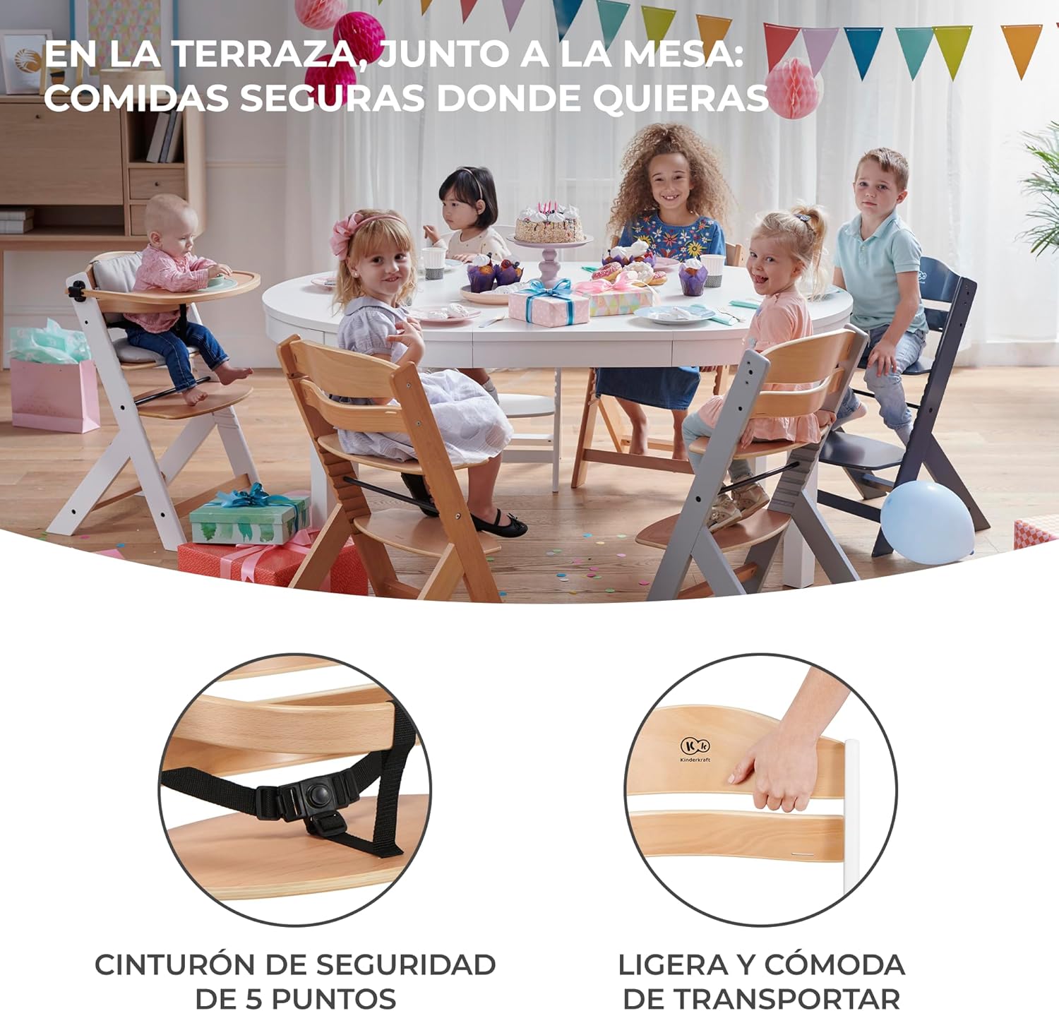 Kinderkraft ENOCK Trona bebé de Madera + Hamaca Bebé CALMEE, portatil, para niños, Silla alta Infantil, Evolutiva, Ergonómica, Barrera y Bandeja, Gris