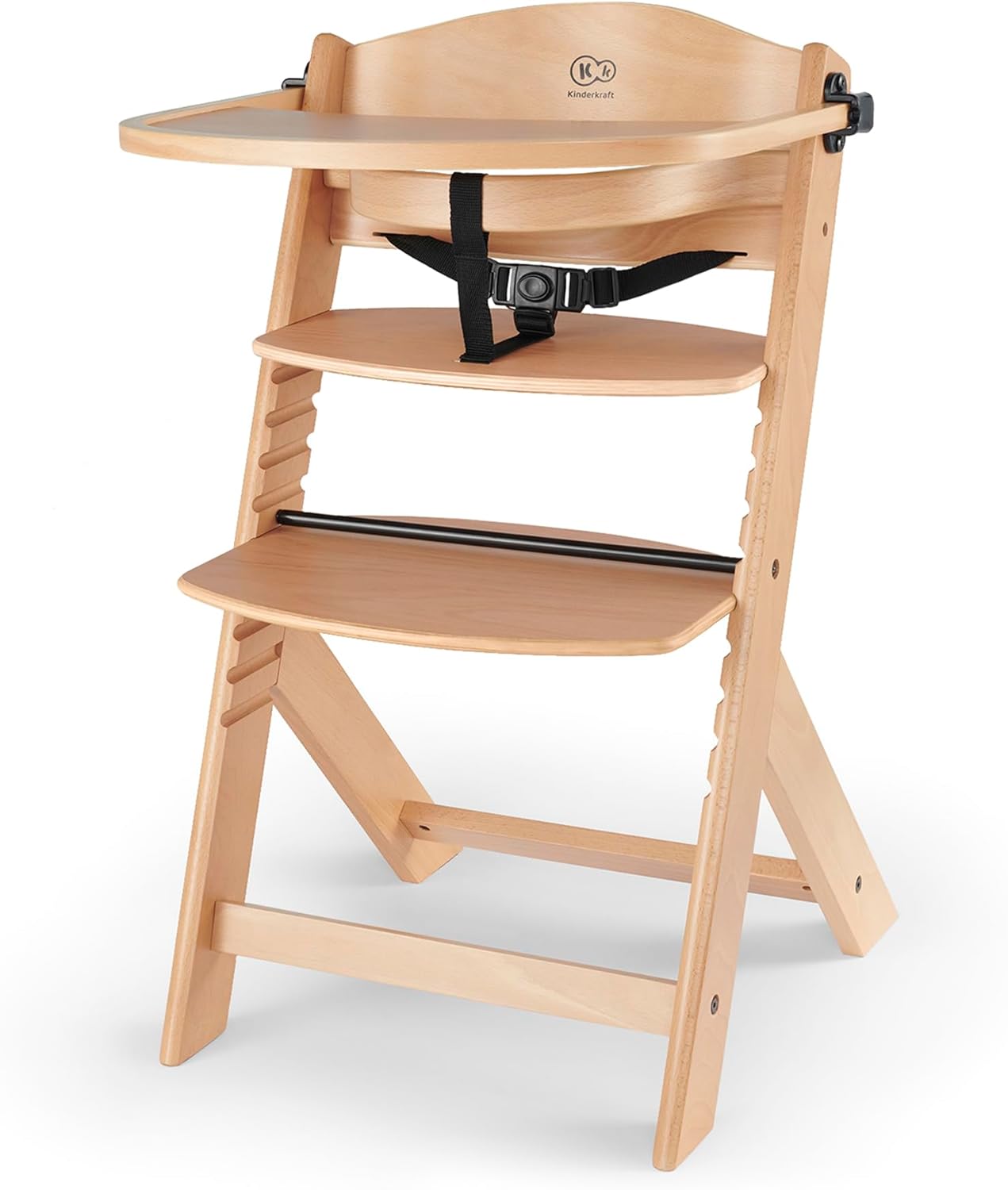Kinderkraft ENOCK Trona bebé de Madera + Hamaca Bebé CALMEE, portatil, para niños, Silla alta Infantil, Evolutiva, Ergonómica, Barrera y Bandeja, Gris