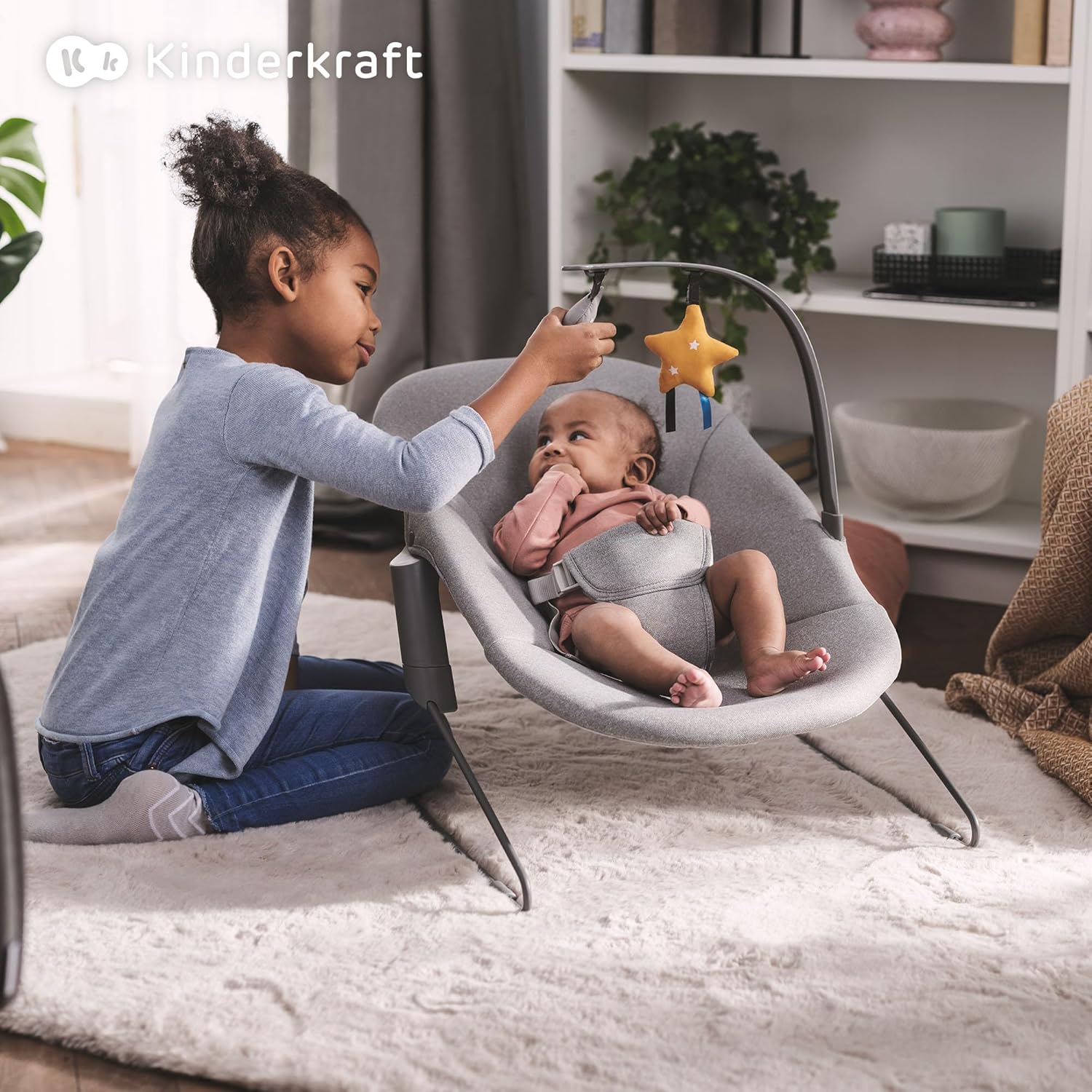 Kinderkraft ENOCK Trona bebé de Madera + Hamaca Bebé CALMEE, portatil, para niños, Silla alta Infantil, Evolutiva, Ergonómica, Barrera y Bandeja, Gris