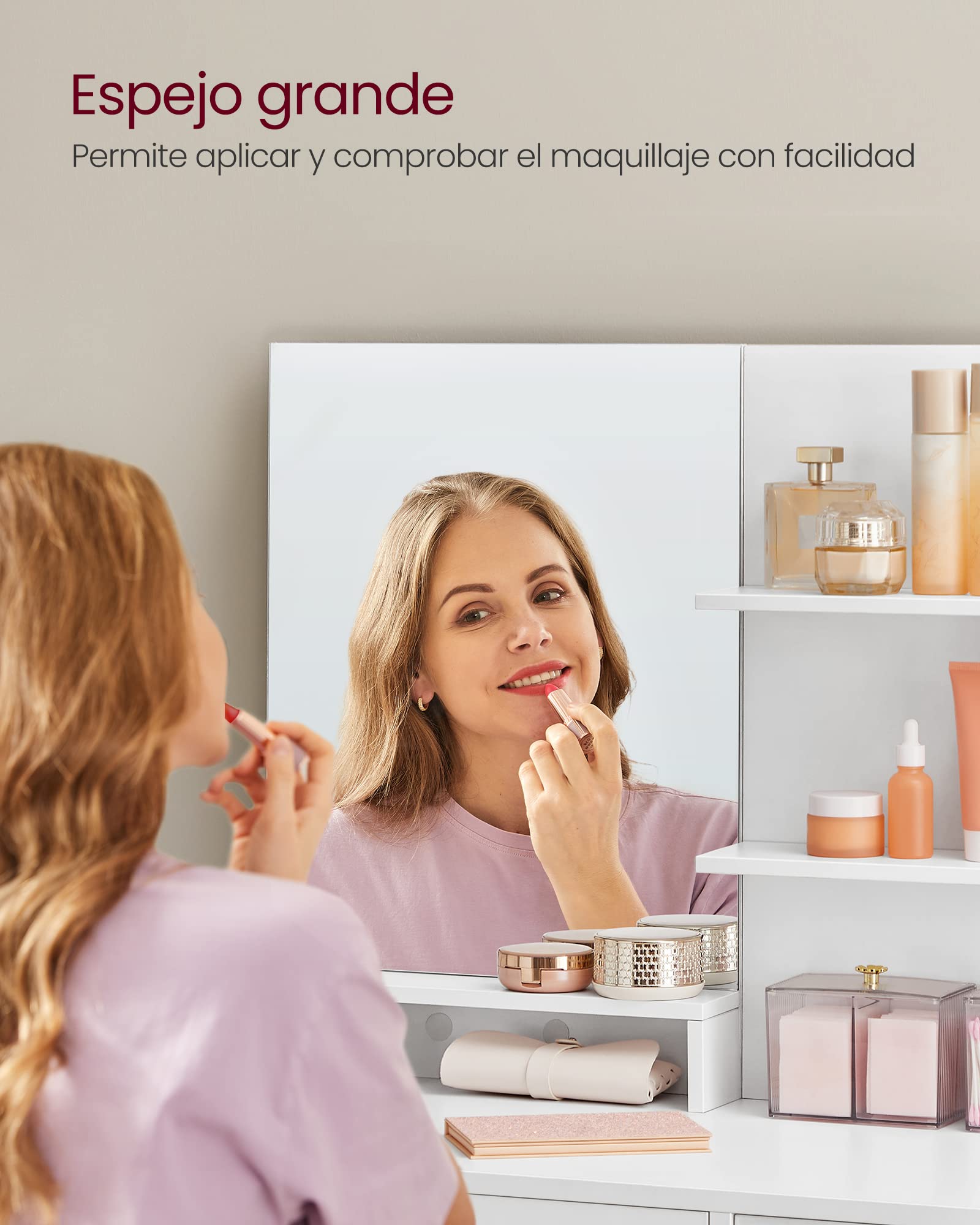 Tocador blanco moderno con espejo grande, organizador integrado y estantes ajustables, funcional y elegante
