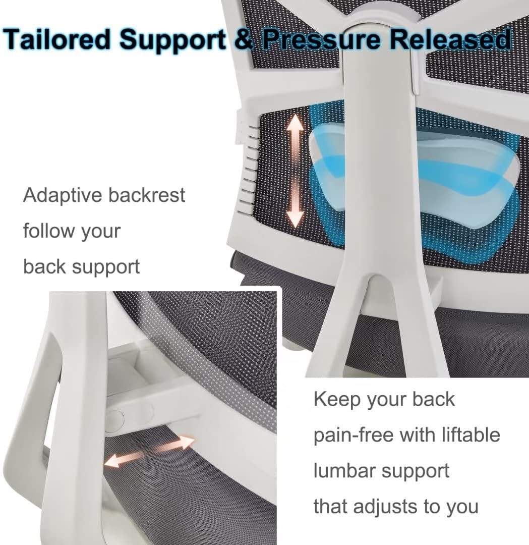 Silla de Oficina Ergonómica con Respaldo Adaptativo, Mesa y Silla de Escritorio de Alto Respaldo con Reposabrazos 4D, Profundidad de Asiento Ajustable, Soporte Lumbar y Reposacabezas 2D