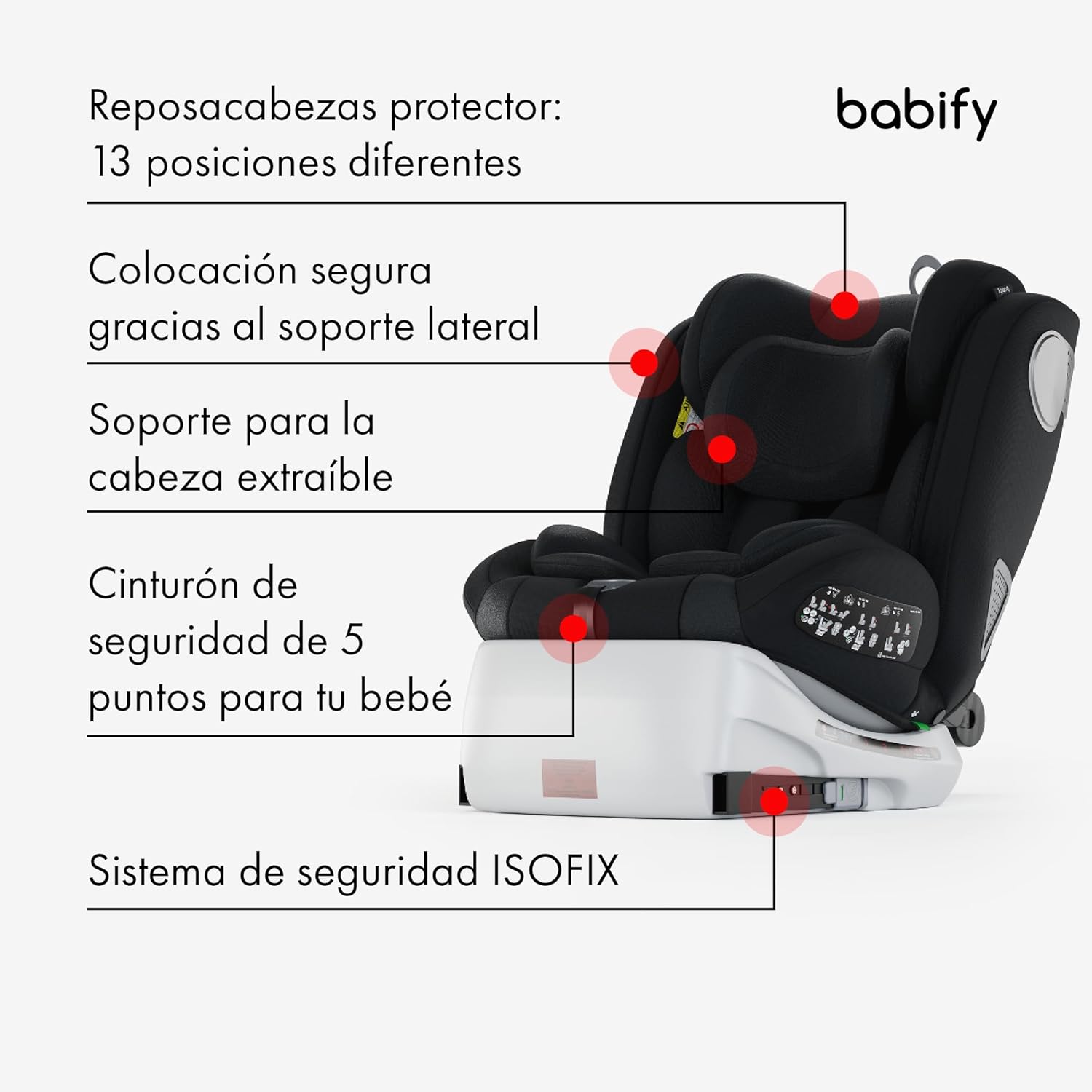 Babify Onboard Silla de Coche Isofix para Bebés y Niños, 0 Meses - 12 Años, Apta Desde 40-150 cm, Ajustable 360º, Asiento Portátil y Seguro i-Size ECE R129 - Black edition