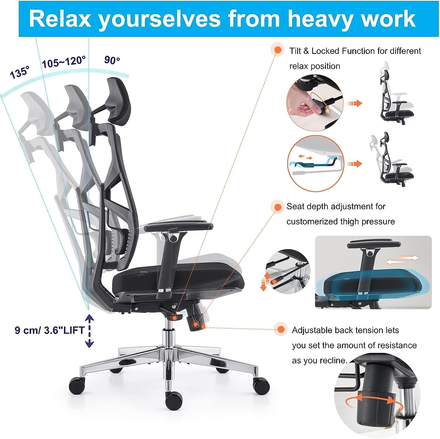 Silla de Oficina Ergonómica con Respaldo Adaptativo, Mesa y Silla de Escritorio de Alto Respaldo con Reposabrazos 4D, Profundidad de Asiento Ajustable, Soporte Lumbar y Reposacabezas 2D