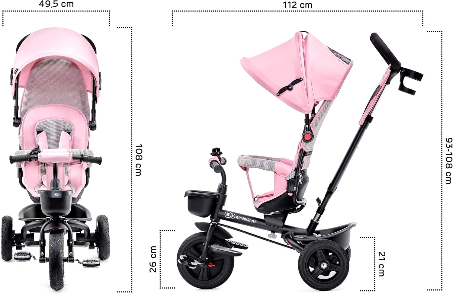 Kinderkraft AVEO Triciclo Bebé, Plegable, Trike, Bicicleta para Niños, Triciclo Evolutivo, Triciclo Sin Pedales, Bicicleta Bebe, Con Accesorios Práctico, Dos Cestas, 9 Meses a 25 kg, Rosa
