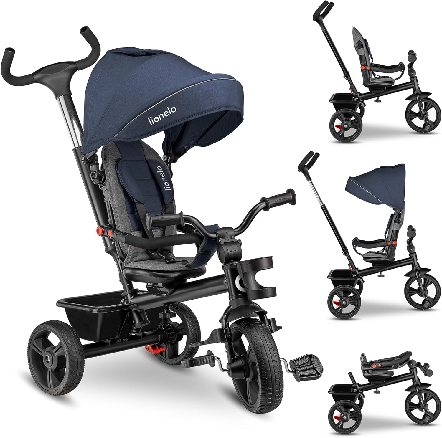 LIONELO Haari Bicicleta 2 en 1 Menores hasta 25 kg 1,5-5 años Triciclo- Carrito Cesta espaciosa, Bolsa y portavasos Cinturones de 3 Puntos con Fundas Toldo Reposapiés Gris