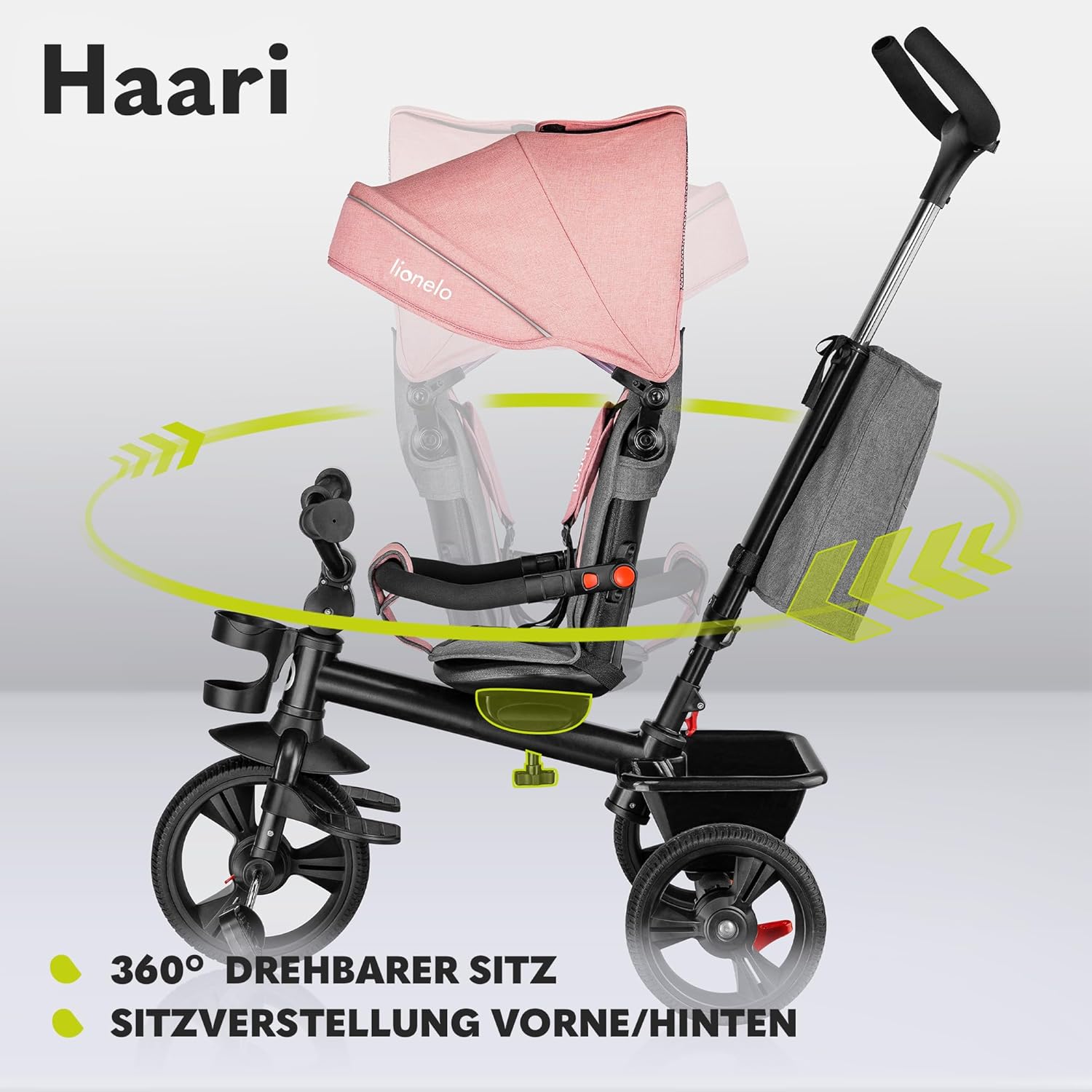 LIONELO Haari Bicicleta 2 en 1 Menores hasta 25 kg 1,5-5 años Triciclo- Carrito Cesta espaciosa, Bolsa y portavasos Cinturones de 3 Puntos con Fundas Toldo Reposapiés Gris