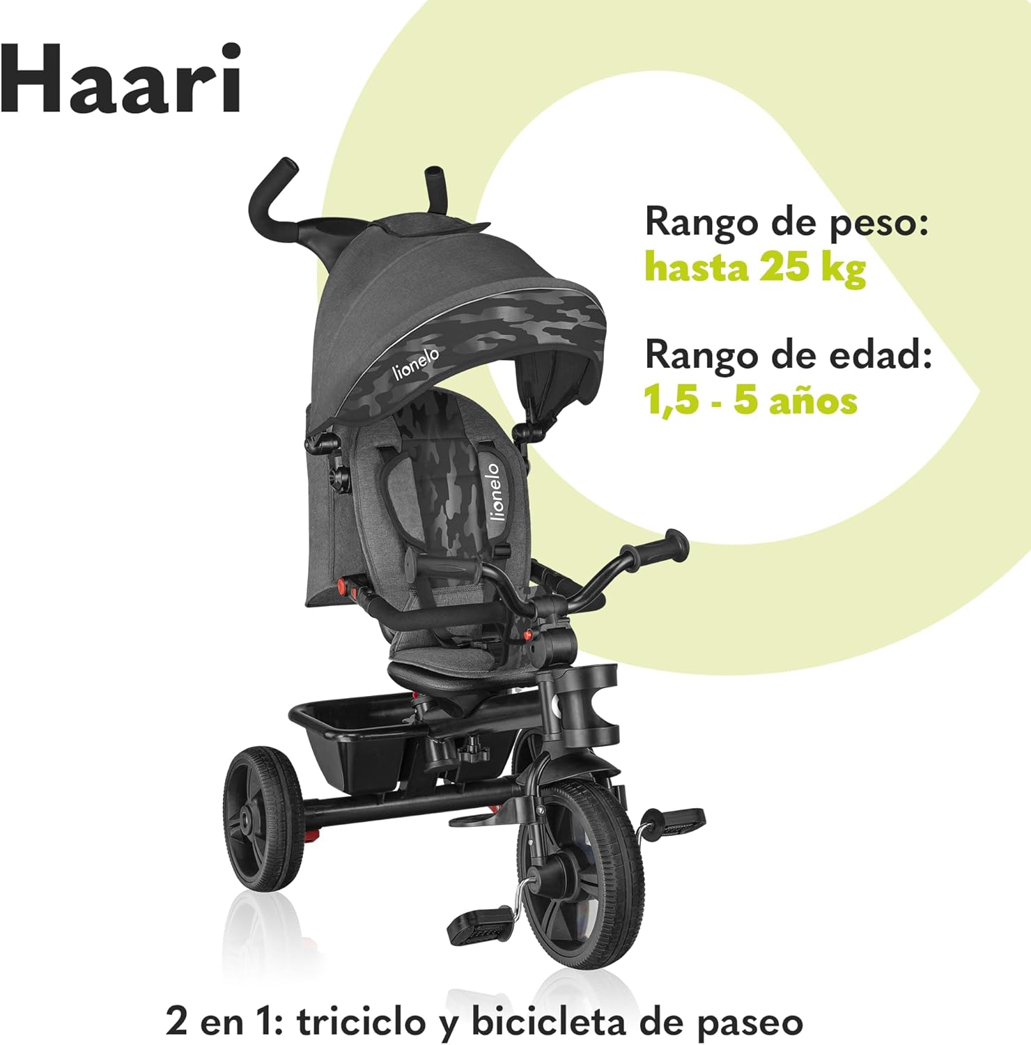 LIONELO Haari Bicicleta 2 en 1 Menores hasta 25 kg 1,5-5 años Triciclo- Carrito Cesta espaciosa, Bolsa y portavasos Cinturones de 3 Puntos con Fundas Toldo Reposapiés Gris