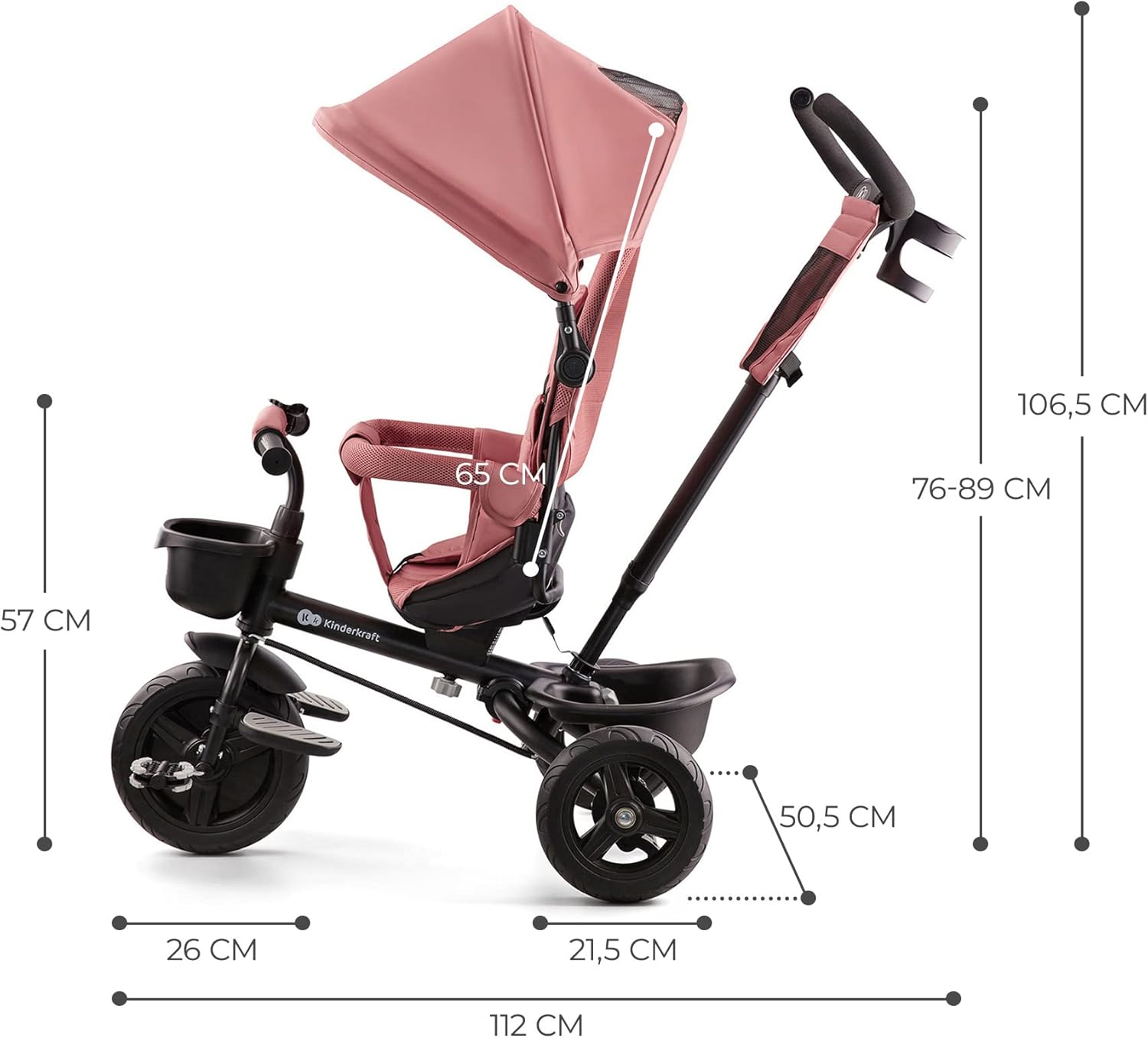 Kinderkraft AVEO Triciclo Bebé, Plegable, Trike, Bicicleta para Niños, Triciclo Evolutivo, Triciclo Sin Pedales, Bicicleta Bebe, Con Accesorios Práctico, Dos Cestas, 9 Meses a 25 kg, Rosa