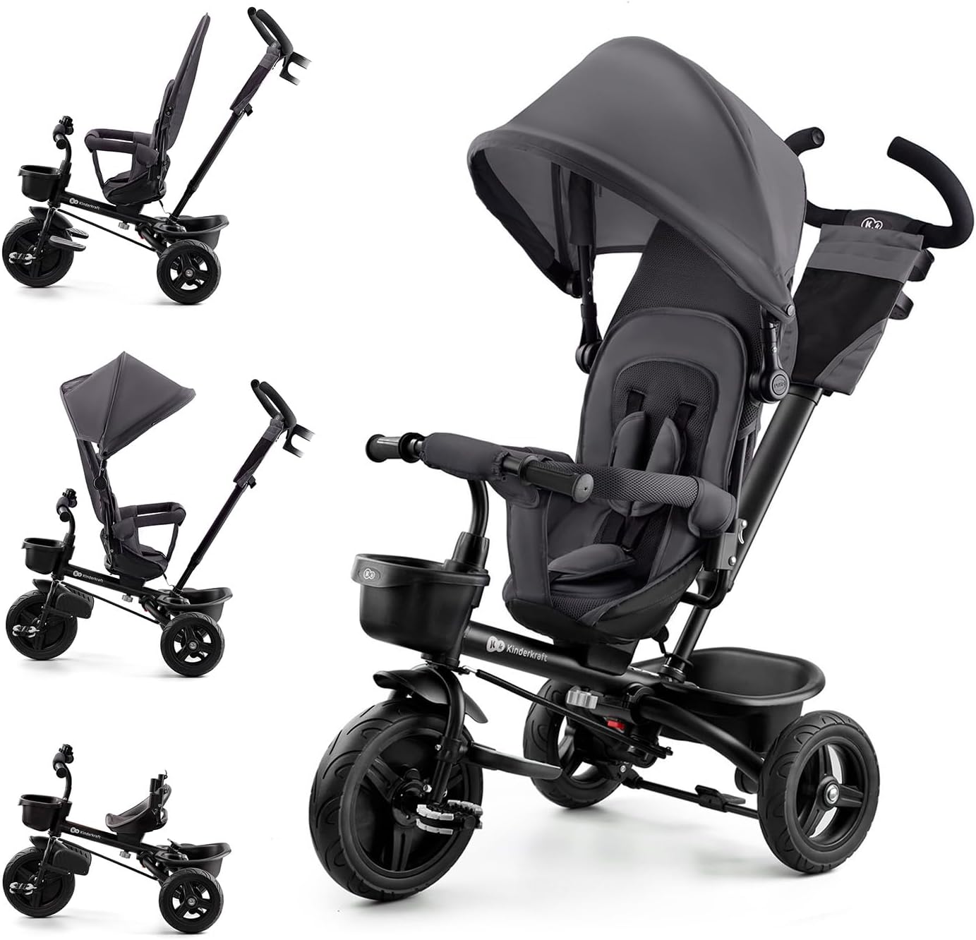 Kinderkraft AVEO Triciclo Bebé, Plegable, Trike, Bicicleta para Niños, Triciclo Evolutivo, Triciclo Sin Pedales, Bicicleta Bebe, Con Accesorios Práctico, Dos Cestas, 9 Meses a 25 kg, Rosa