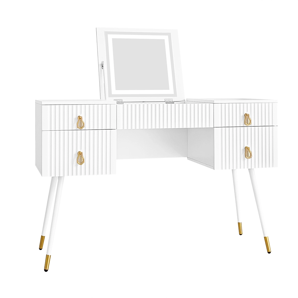Cómoda blanca (sin silla), espejo LED de brillo ajustable, accesorios dorados de lujo, con 4 cajones