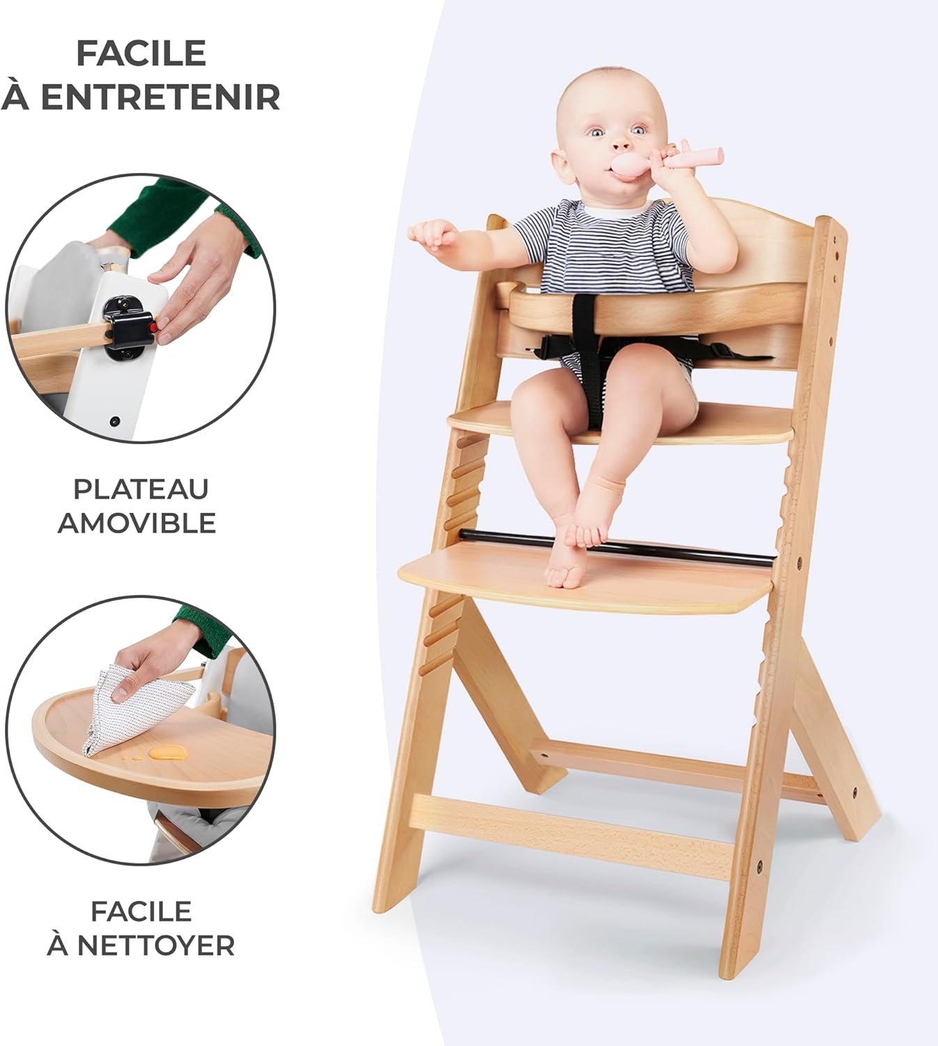 Kinderkraft ENOCK Trona bebé de Madera + Hamaca Bebé CALMEE, portatil, para niños, Silla alta Infantil, Evolutiva, Ergonómica, Barrera y Bandeja, Gris