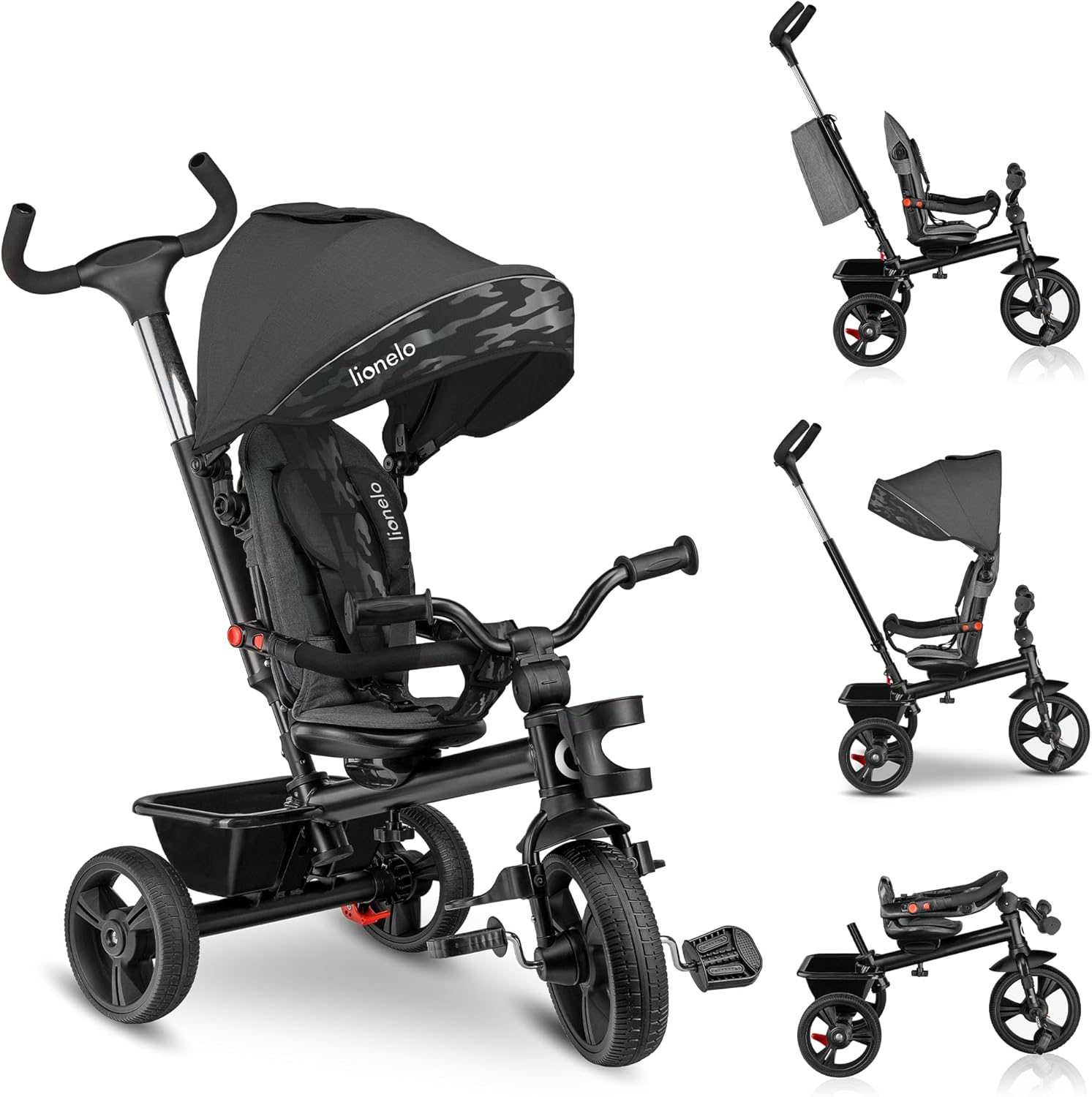 LIONELO Haari Bicicleta 2 en 1 Menores hasta 25 kg 1,5-5 años Triciclo- Carrito Cesta espaciosa, Bolsa y portavasos Cinturones de 3 Puntos con Fundas Toldo Reposapiés Gris