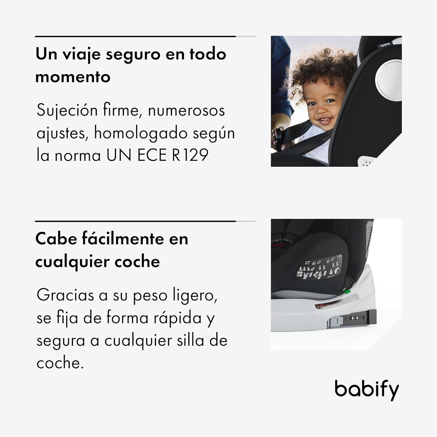 Babify Onboard Silla de Coche Isofix para Bebés y Niños, 0 Meses - 12 Años, Apta Desde 40-150 cm, Ajustable 360º, Asiento Portátil y Seguro i-Size ECE R129 - Black edition