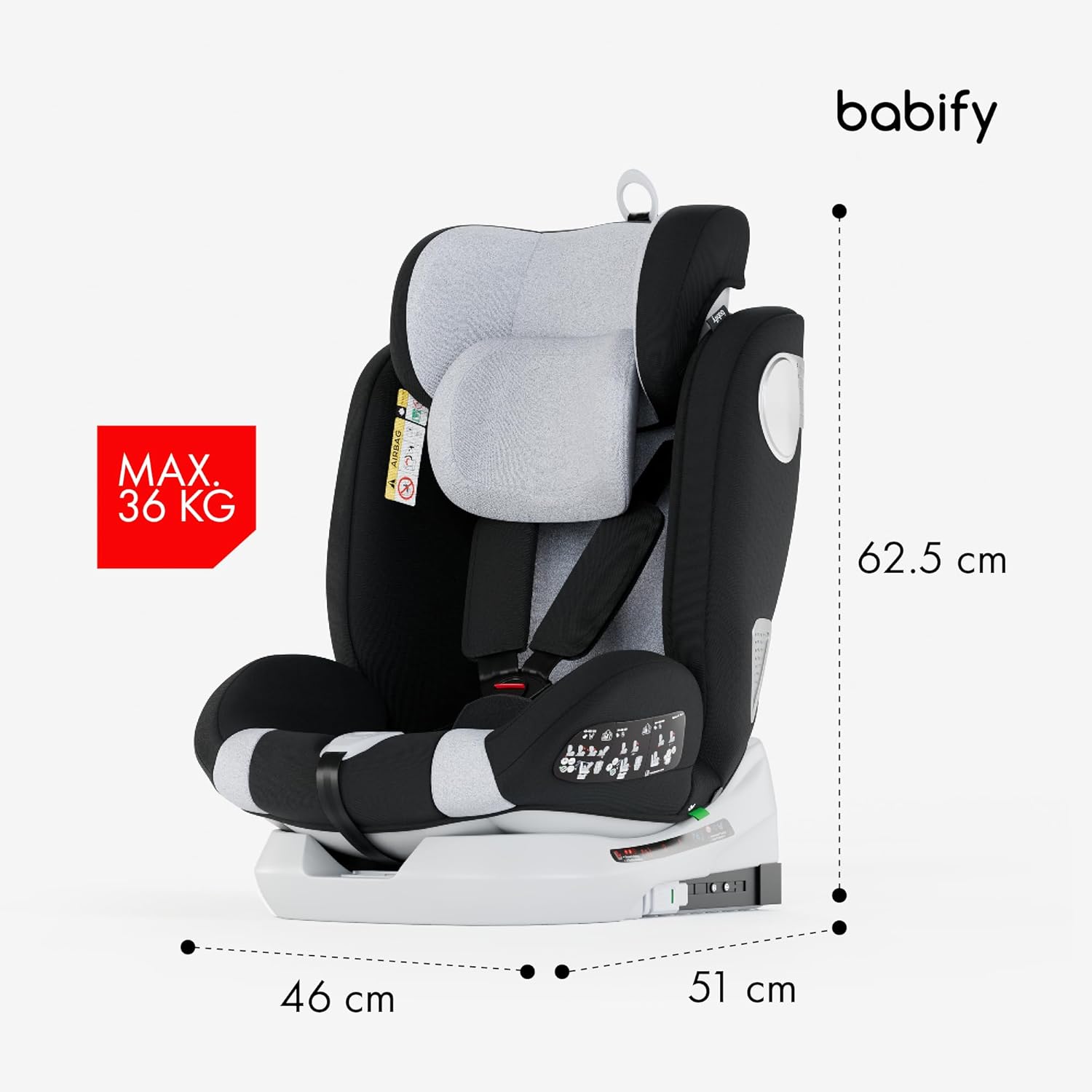Babify Onboard Silla de Coche Isofix para Bebés y Niños, 0 Meses - 12 Años, Apta Desde 40-150 cm, Ajustable 360º, Asiento Portátil y Seguro i-Size ECE R129 - Black edition