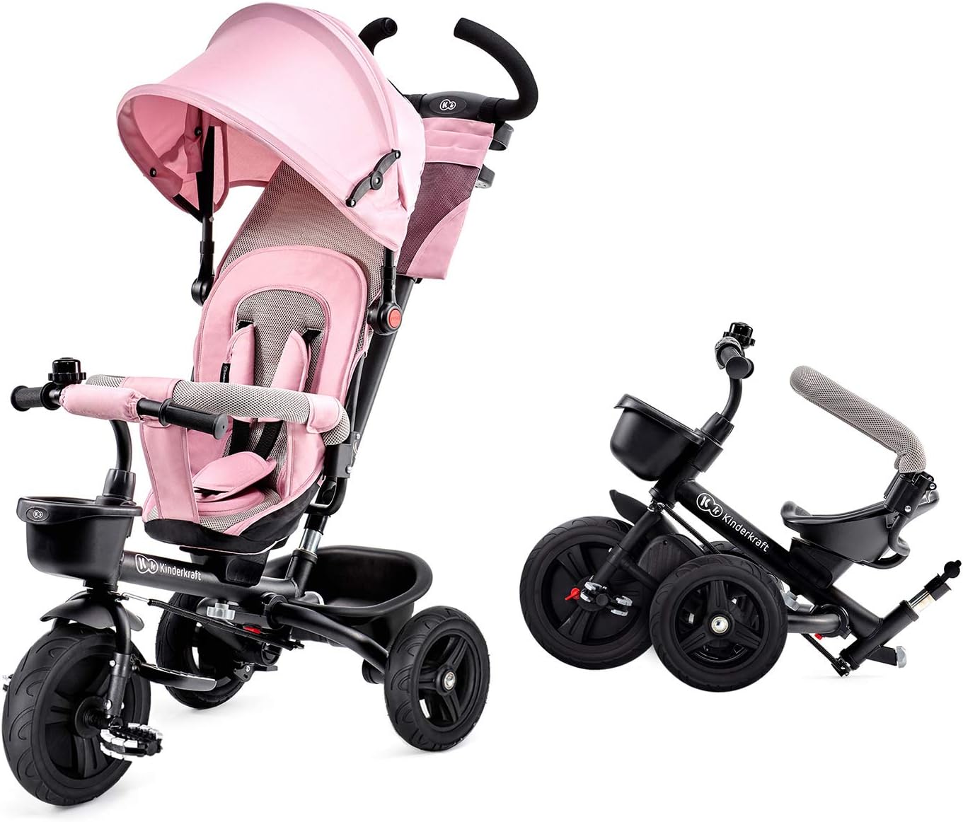 Kinderkraft AVEO Triciclo Bebé, Plegable, Trike, Bicicleta para Niños, Triciclo Evolutivo, Triciclo Sin Pedales, Bicicleta Bebe, Con Accesorios Práctico, Dos Cestas, 9 Meses a 25 kg, Rosa