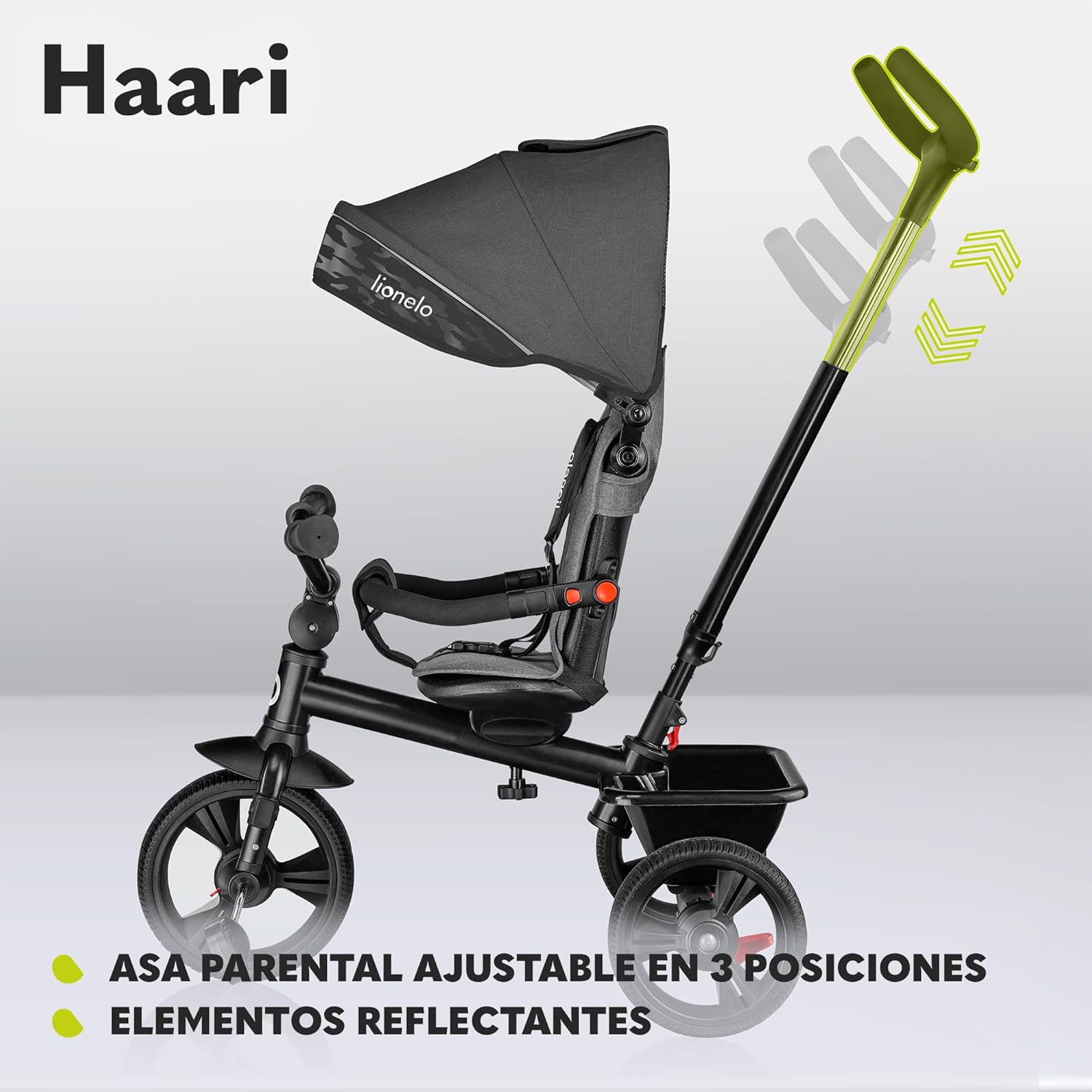 LIONELO Haari Bicicleta 2 en 1 Menores hasta 25 kg 1,5-5 años Triciclo- Carrito Cesta espaciosa, Bolsa y portavasos Cinturones de 3 Puntos con Fundas Toldo Reposapiés Gris