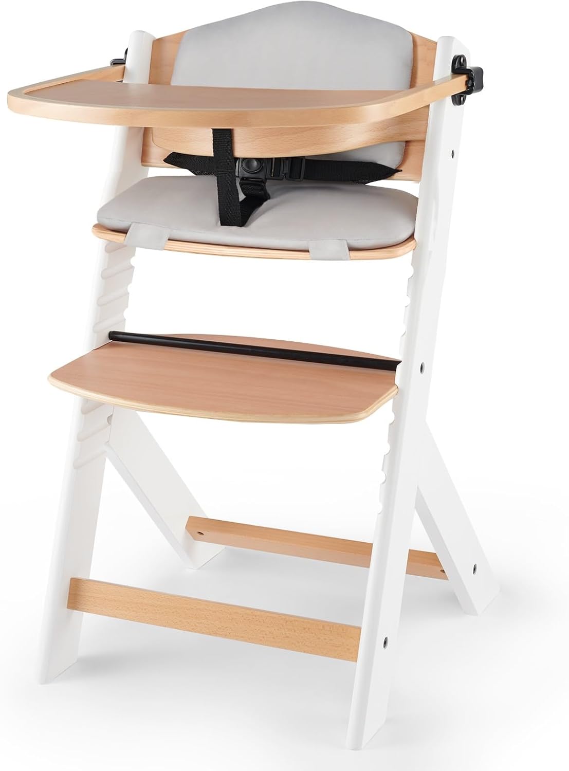 Kinderkraft ENOCK Trona bebé de Madera + Hamaca Bebé CALMEE, portatil, para niños, Silla alta Infantil, Evolutiva, Ergonómica, Barrera y Bandeja, Gris