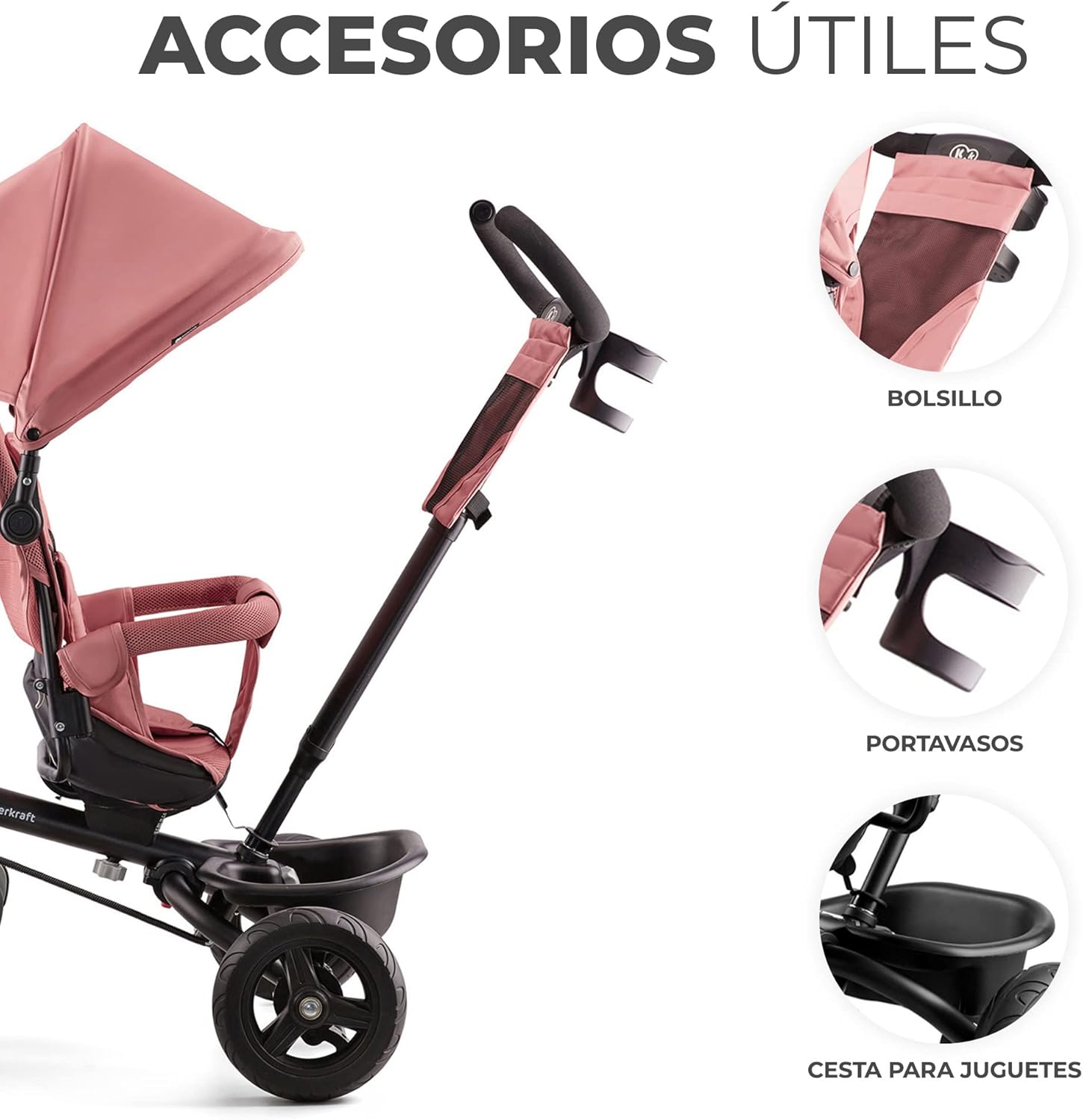 Kinderkraft AVEO Triciclo Bebé, Plegable, Trike, Bicicleta para Niños, Triciclo Evolutivo, Triciclo Sin Pedales, Bicicleta Bebe, Con Accesorios Práctico, Dos Cestas, 9 Meses a 25 kg, Rosa