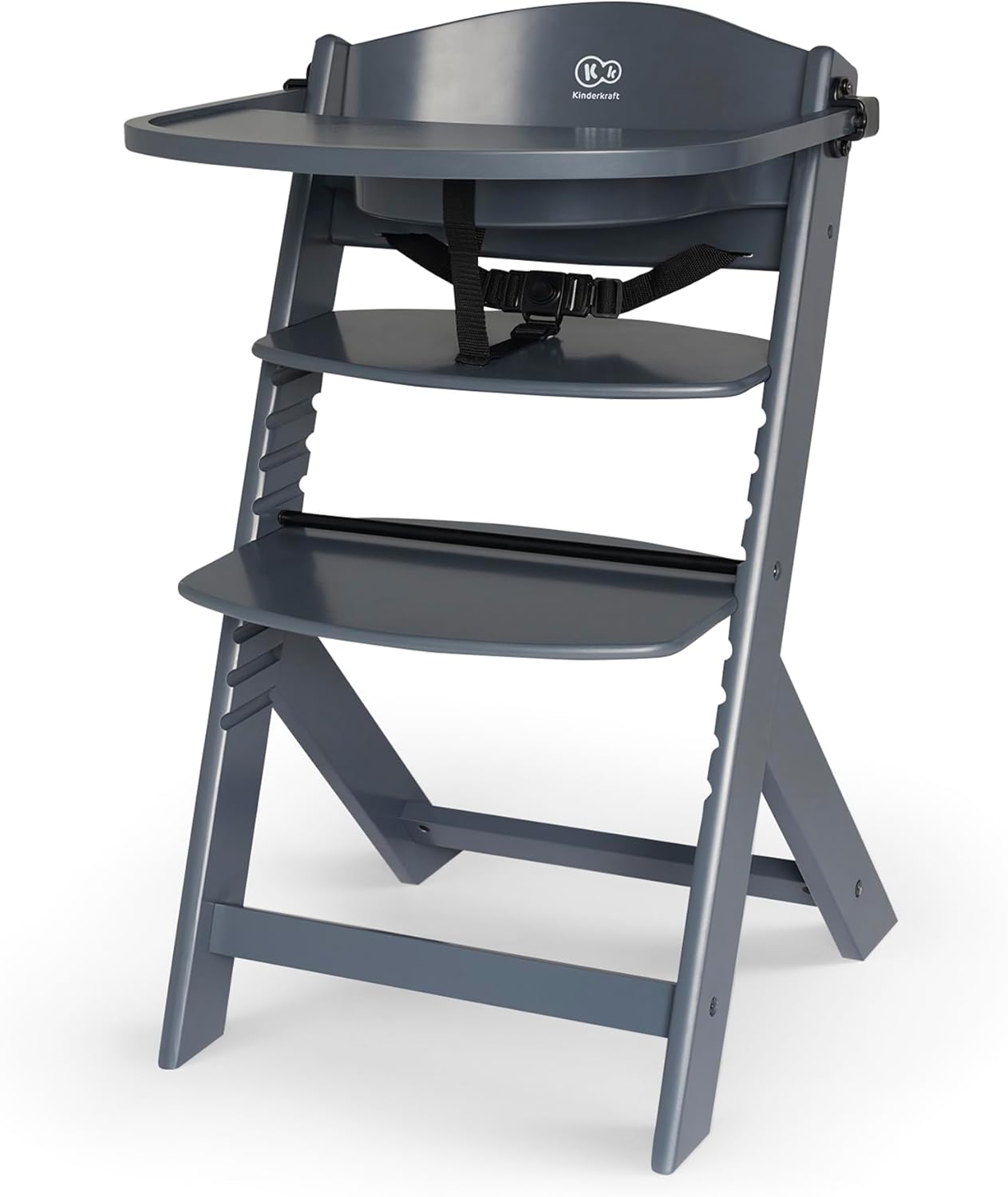 Kinderkraft ENOCK Trona bebé de Madera + Hamaca Bebé CALMEE, portatil, para niños, Silla alta Infantil, Evolutiva, Ergonómica, Barrera y Bandeja, Gris
