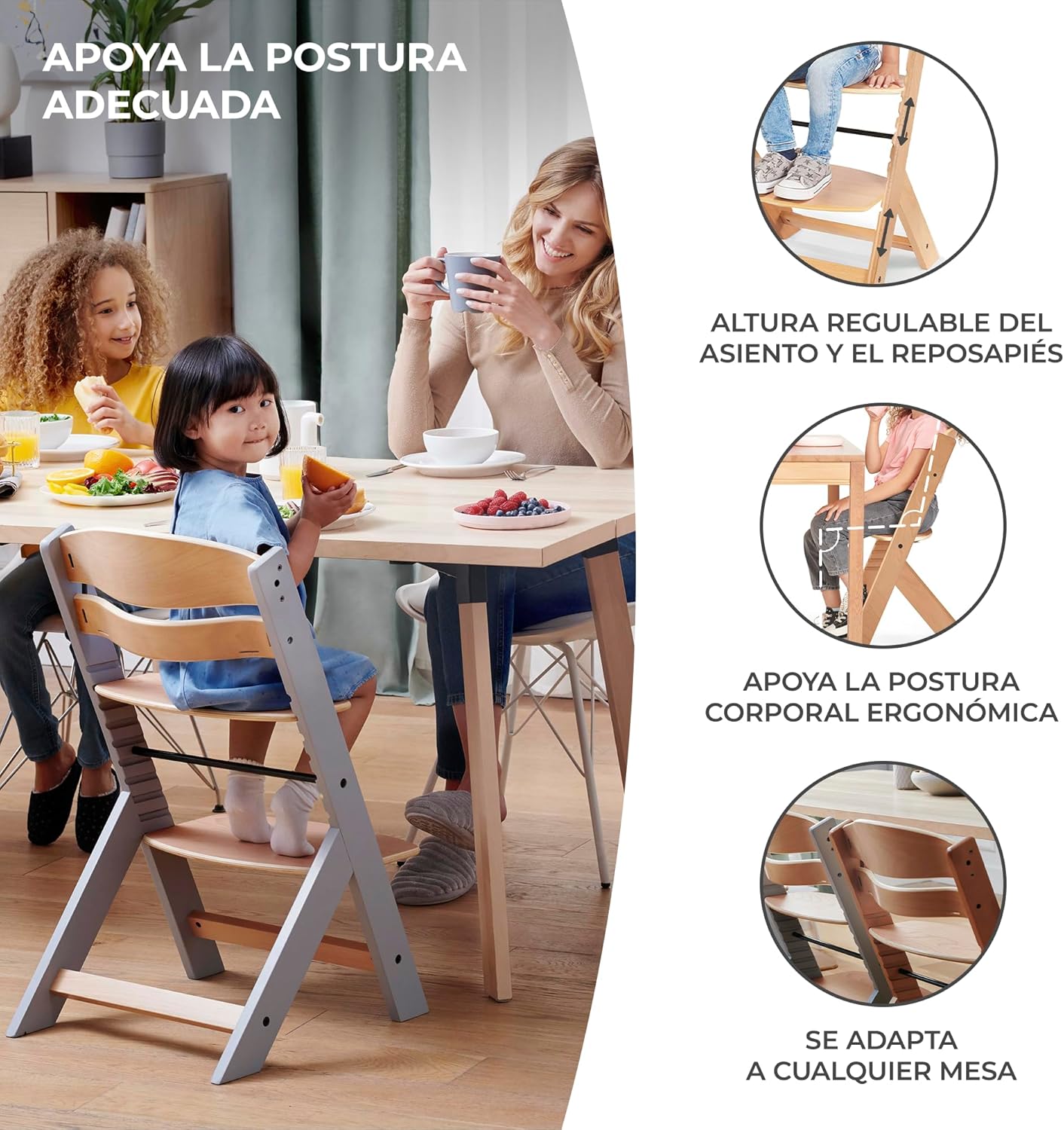 Kinderkraft ENOCK Trona bebé de Madera + Hamaca Bebé CALMEE, portatil, para niños, Silla alta Infantil, Evolutiva, Ergonómica, Barrera y Bandeja, Gris