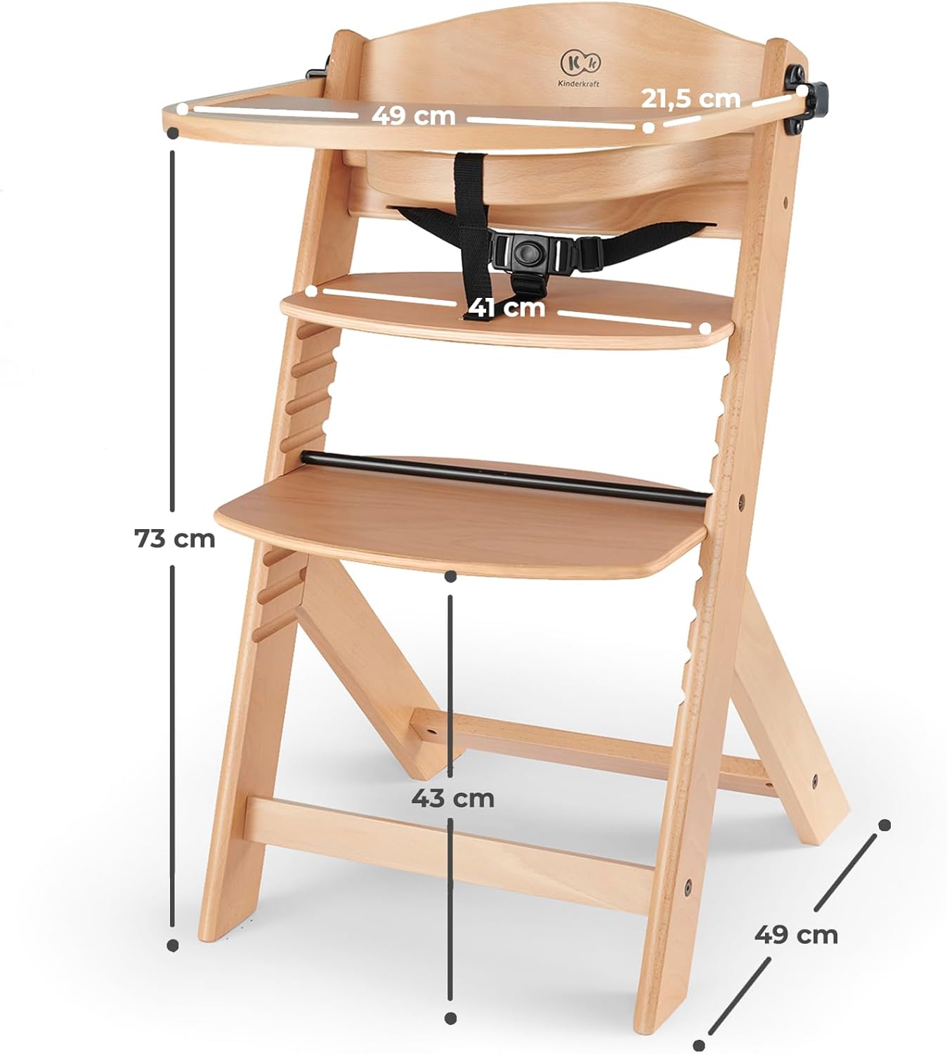 Kinderkraft ENOCK Trona bebé de Madera + Hamaca Bebé CALMEE, portatil, para niños, Silla alta Infantil, Evolutiva, Ergonómica, Barrera y Bandeja, Gris