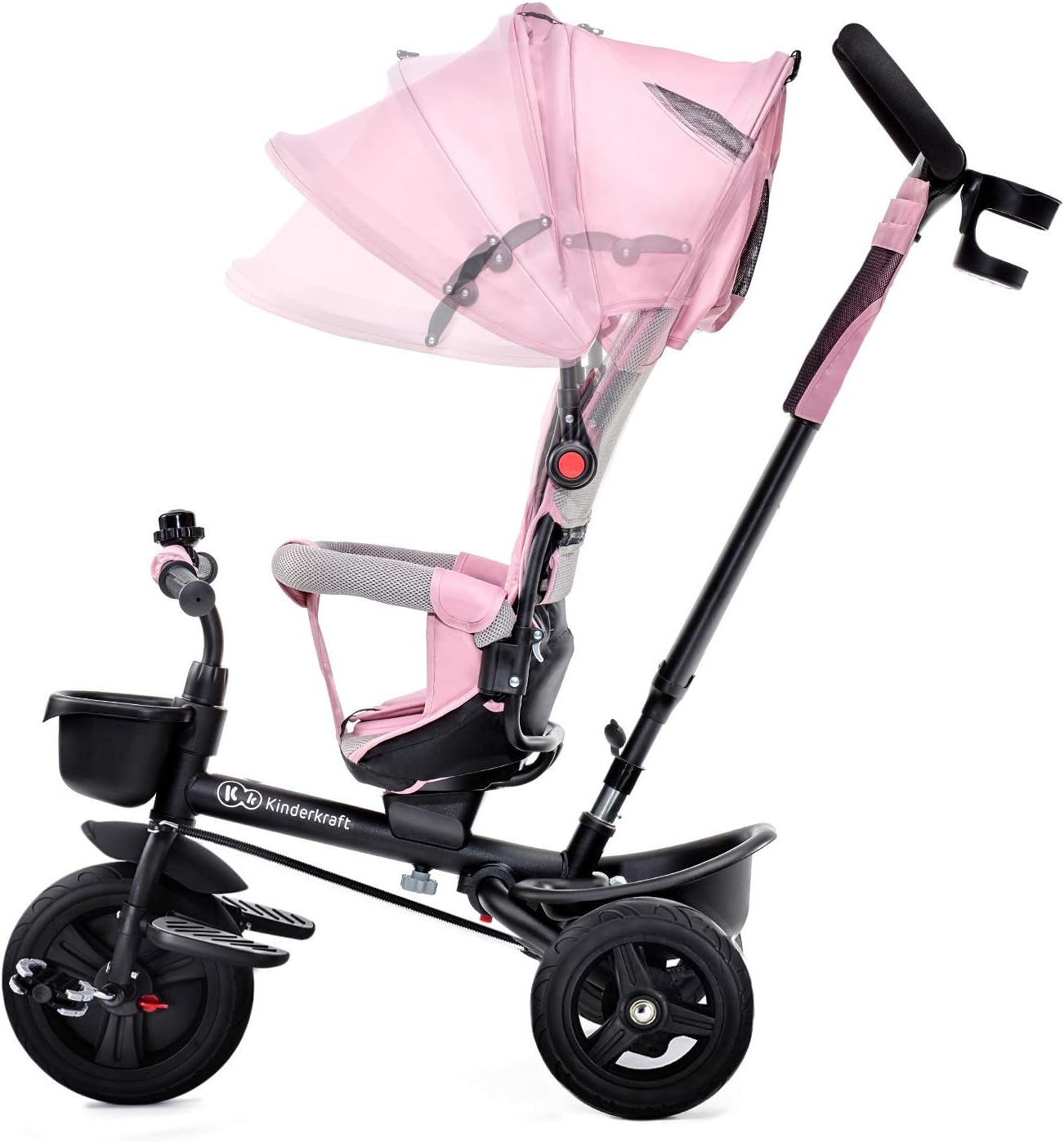 Kinderkraft AVEO Triciclo Bebé, Plegable, Trike, Bicicleta para Niños, Triciclo Evolutivo, Triciclo Sin Pedales, Bicicleta Bebe, Con Accesorios Práctico, Dos Cestas, 9 Meses a 25 kg, Rosa